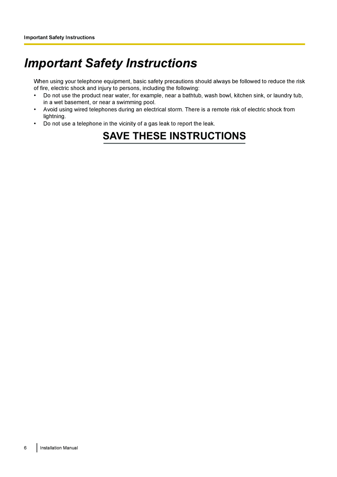 Panasonic KX-TDA100 installation manual Important Safety Instructions, Save These Instructions 