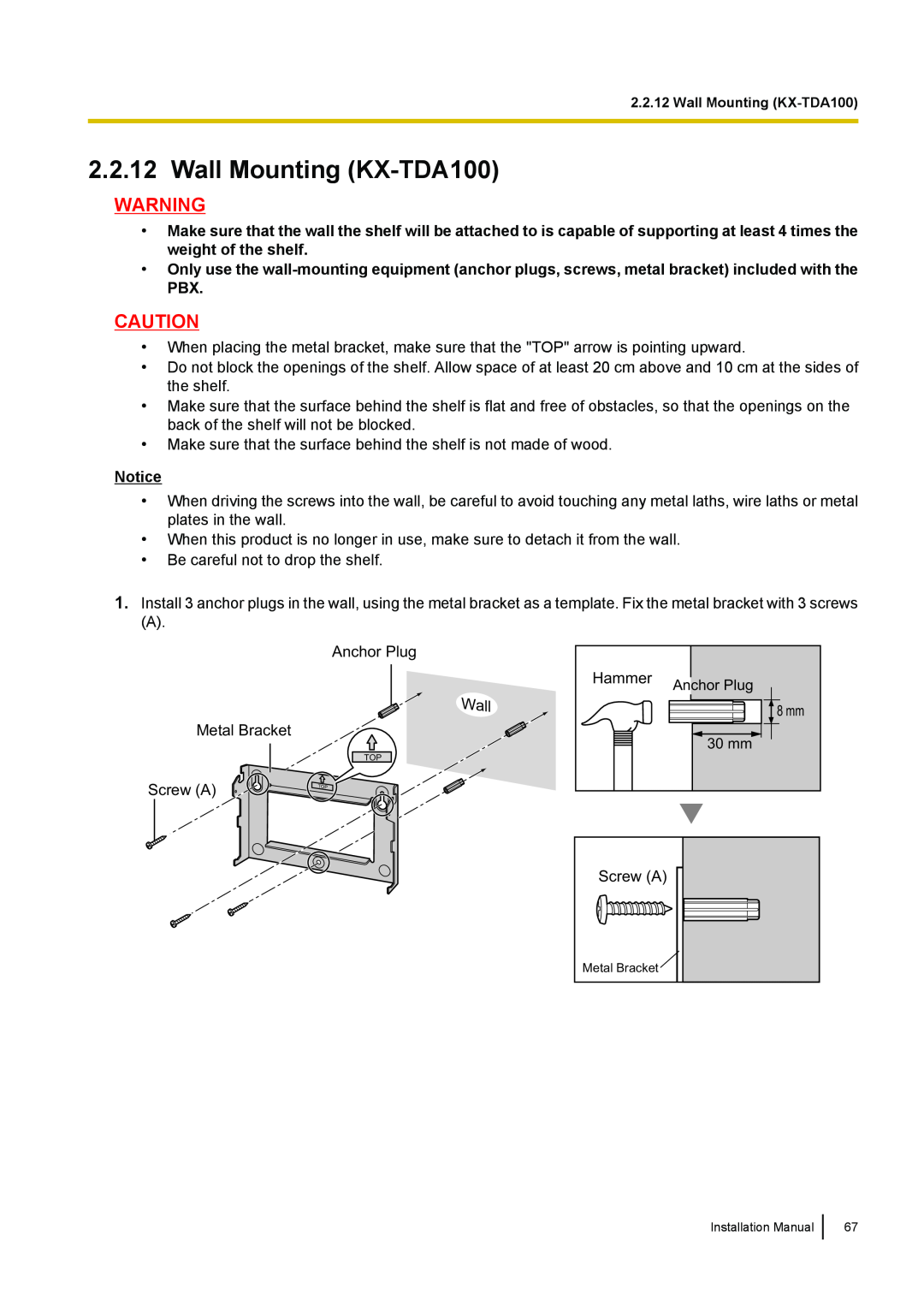 Panasonic installation manual Wall Mounting KX-TDA100 