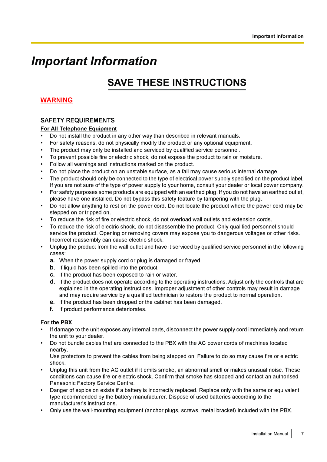 Panasonic KX-TDA100 Important Information, Save These Instructions, Safety Requirements, For All Telephone Equipment 
