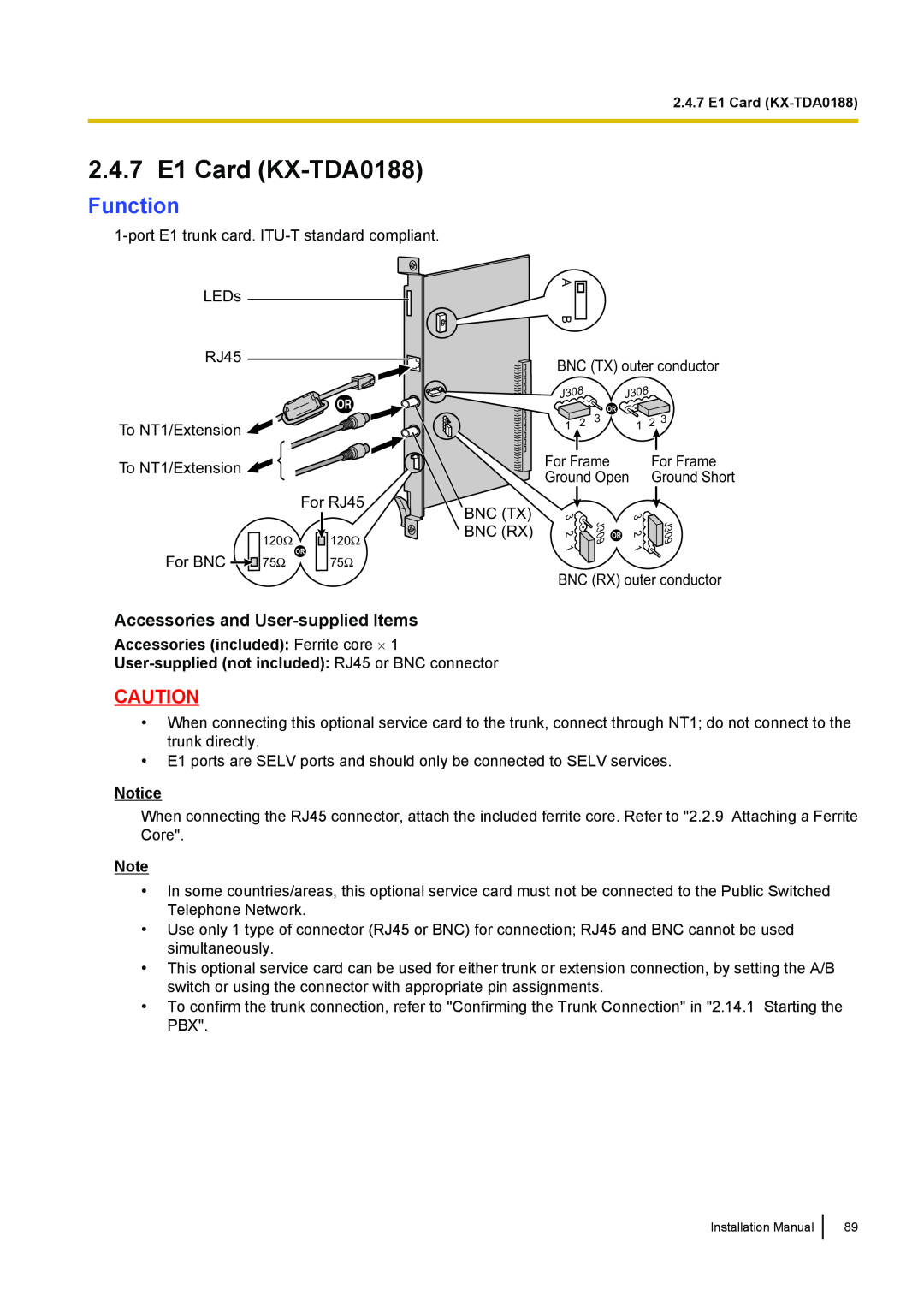 Panasonic KX-TDA100 installation manual 2.4.7 E1 Card KX-TDA0188, Function, Accessories and User-supplied Items, J308, J309 