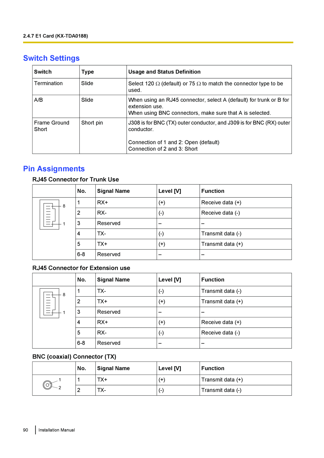 Panasonic KX-TDA100 Switch Settings, Pin Assignments, RJ45 Connector for Trunk Use, RJ45 Connector for Extension use, Type 