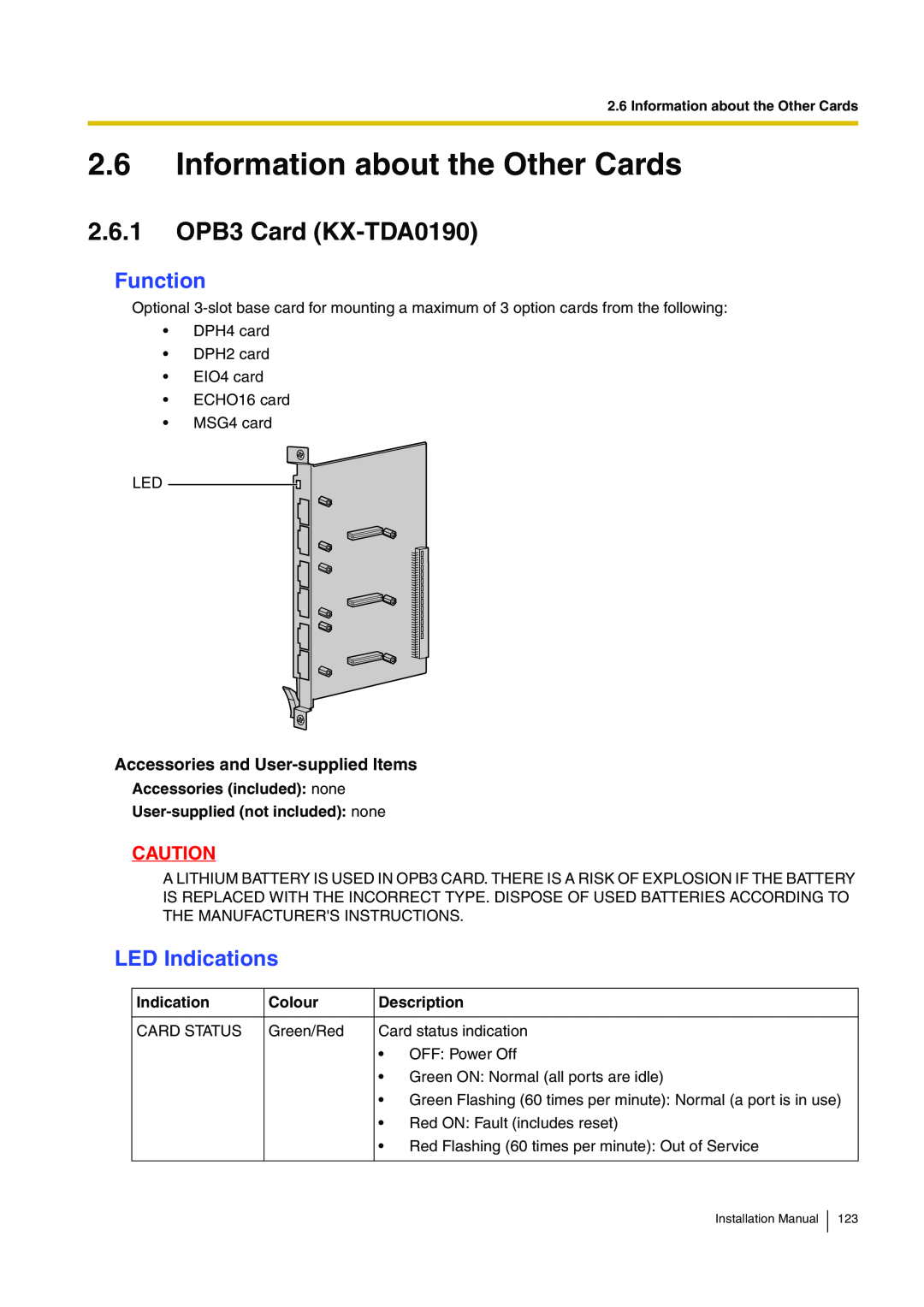 Panasonic KX-TDA100 Information about the Other Cards, 2.6.1 OPB3 Card KX-TDA0190, Function, LED Indications, Colour 