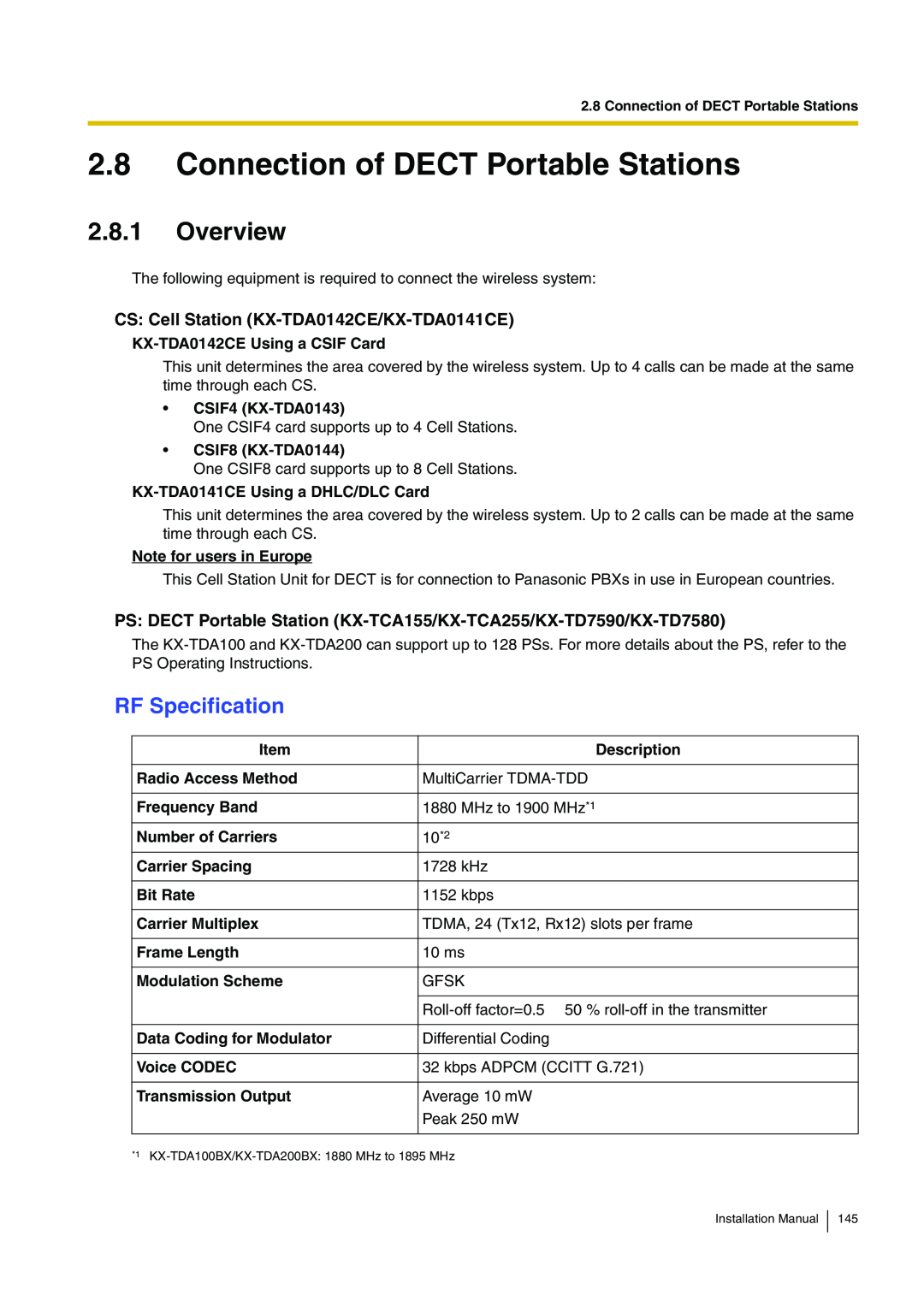Panasonic KX-TDA100 Connection of DECT Portable Stations, Overview, RF Specification, KX-TDA0142CE Using a CSIF Card 