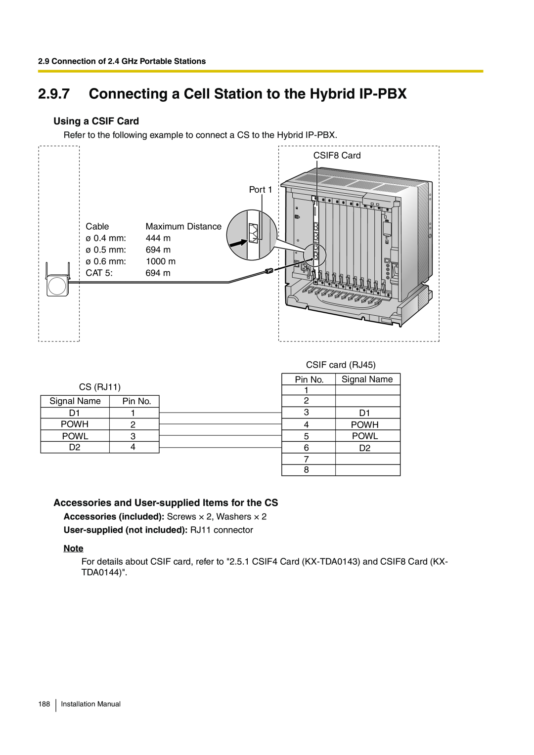 Panasonic KX-TDA100 installation manual Connecting a Cell Station to the Hybrid IP-PBX, Using a CSIF Card 