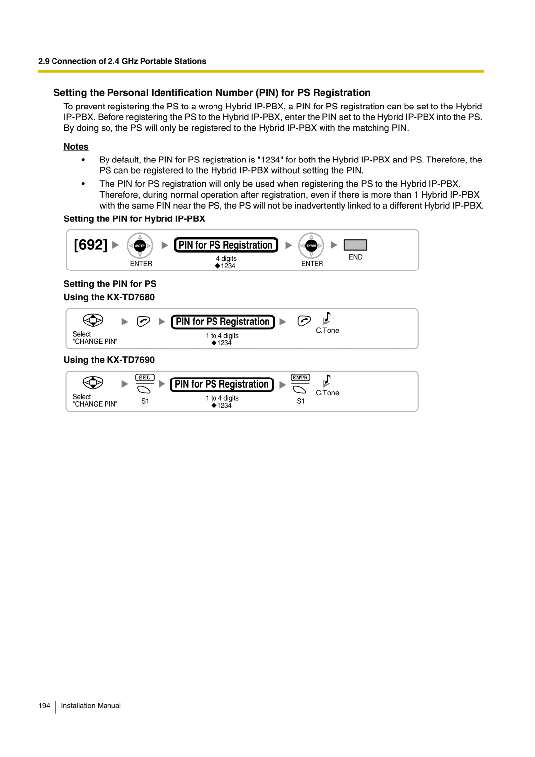Panasonic KX-TDA100 Setting the Personal Identification Number PIN for PS Registration, Using the KX-TD7690 