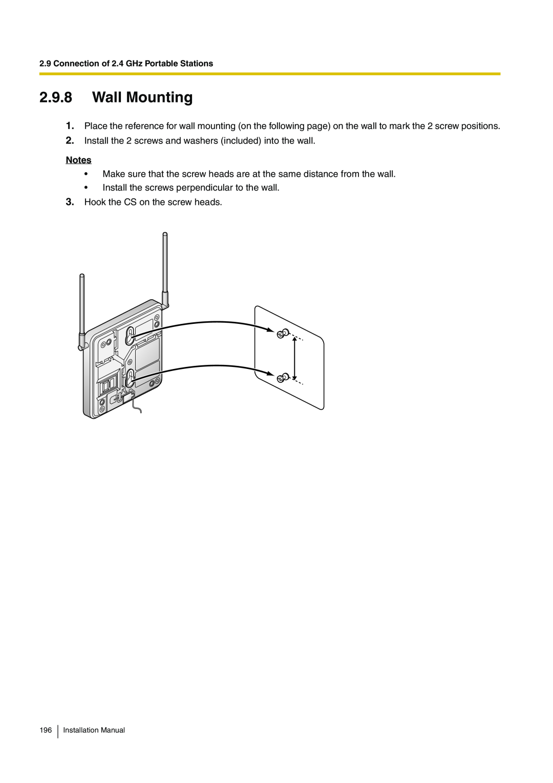 Panasonic KX-TDA100 installation manual Wall Mounting, Connection of 2.4 GHz Portable Stations, Installation Manual 