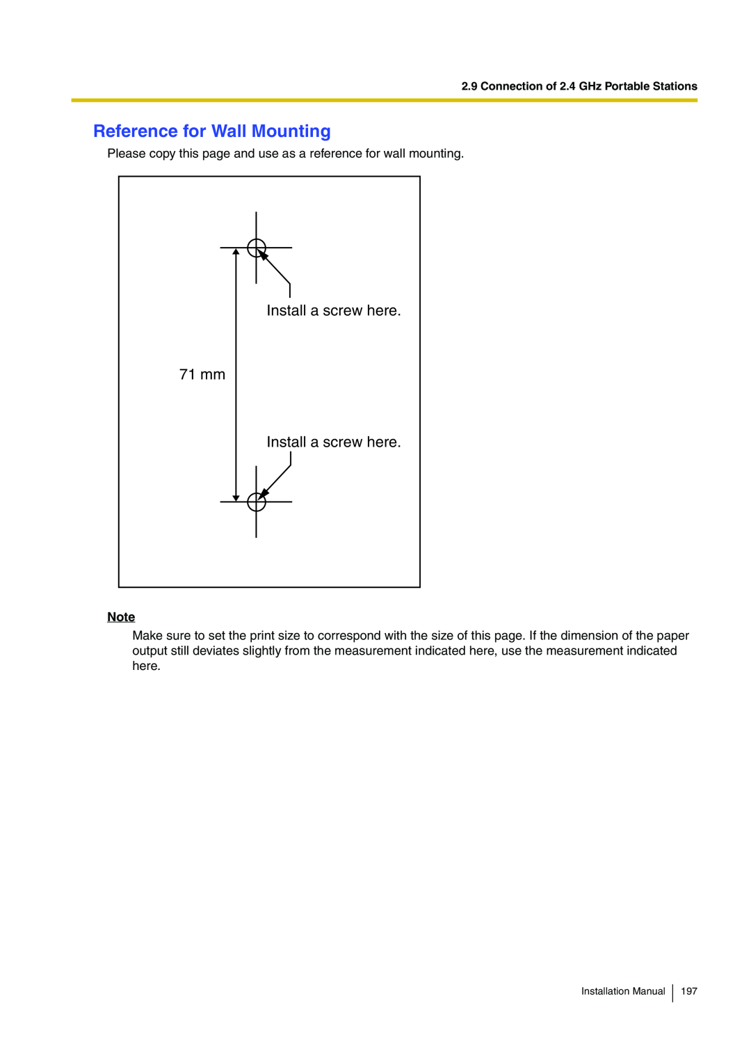 Panasonic KX-TDA100 installation manual Reference for Wall Mounting, Install a screw here 71 mm Install a screw here 