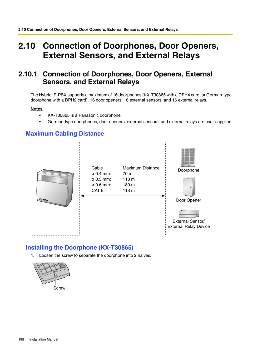 Panasonic KX-TDA100 installation manual Maximum Cabling Distance, Installing the Doorphone KX-T30865, Installation Manual 