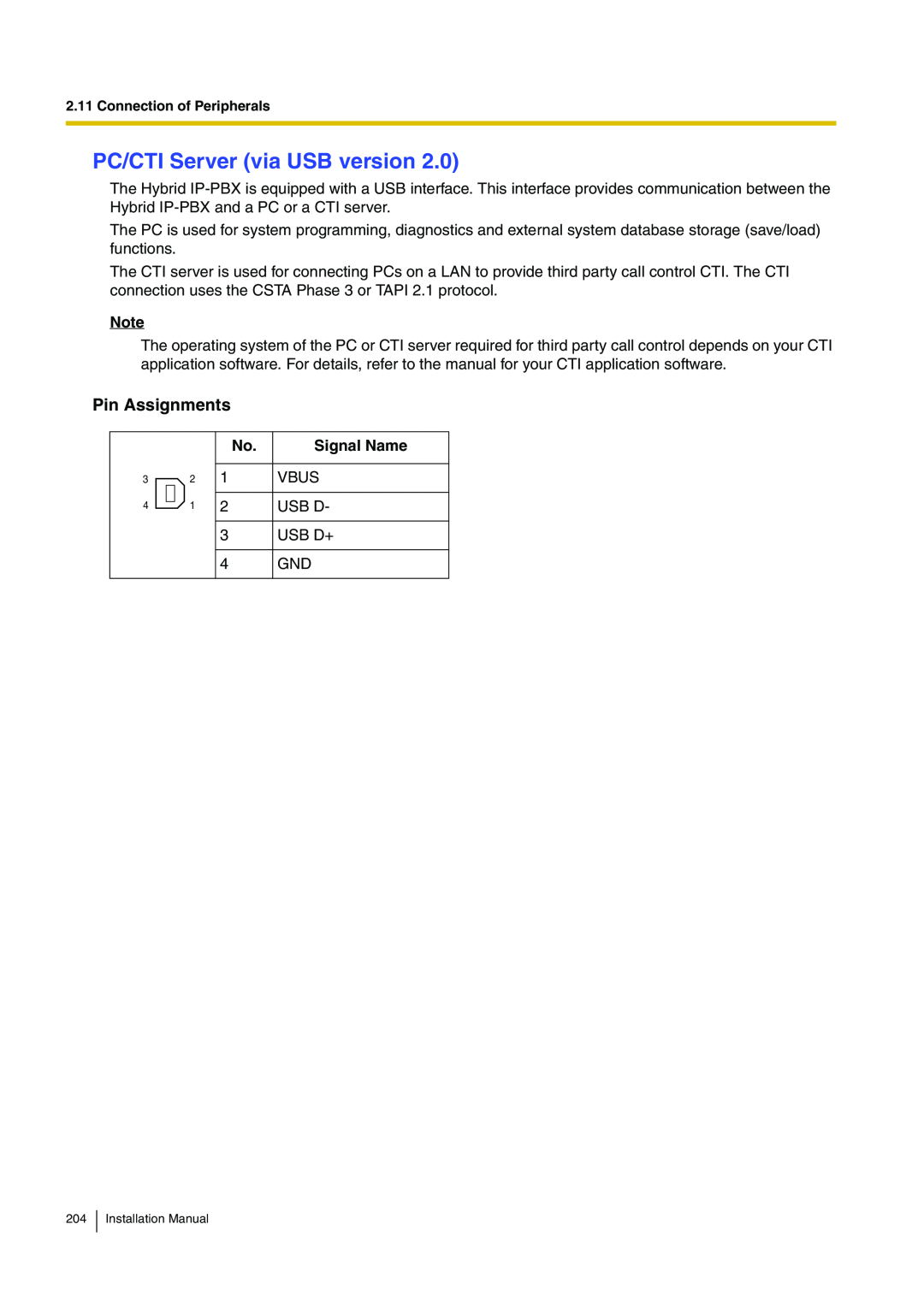 Panasonic KX-TDA100 installation manual PC/CTI Server via USB version, Pin Assignments, Installation Manual 