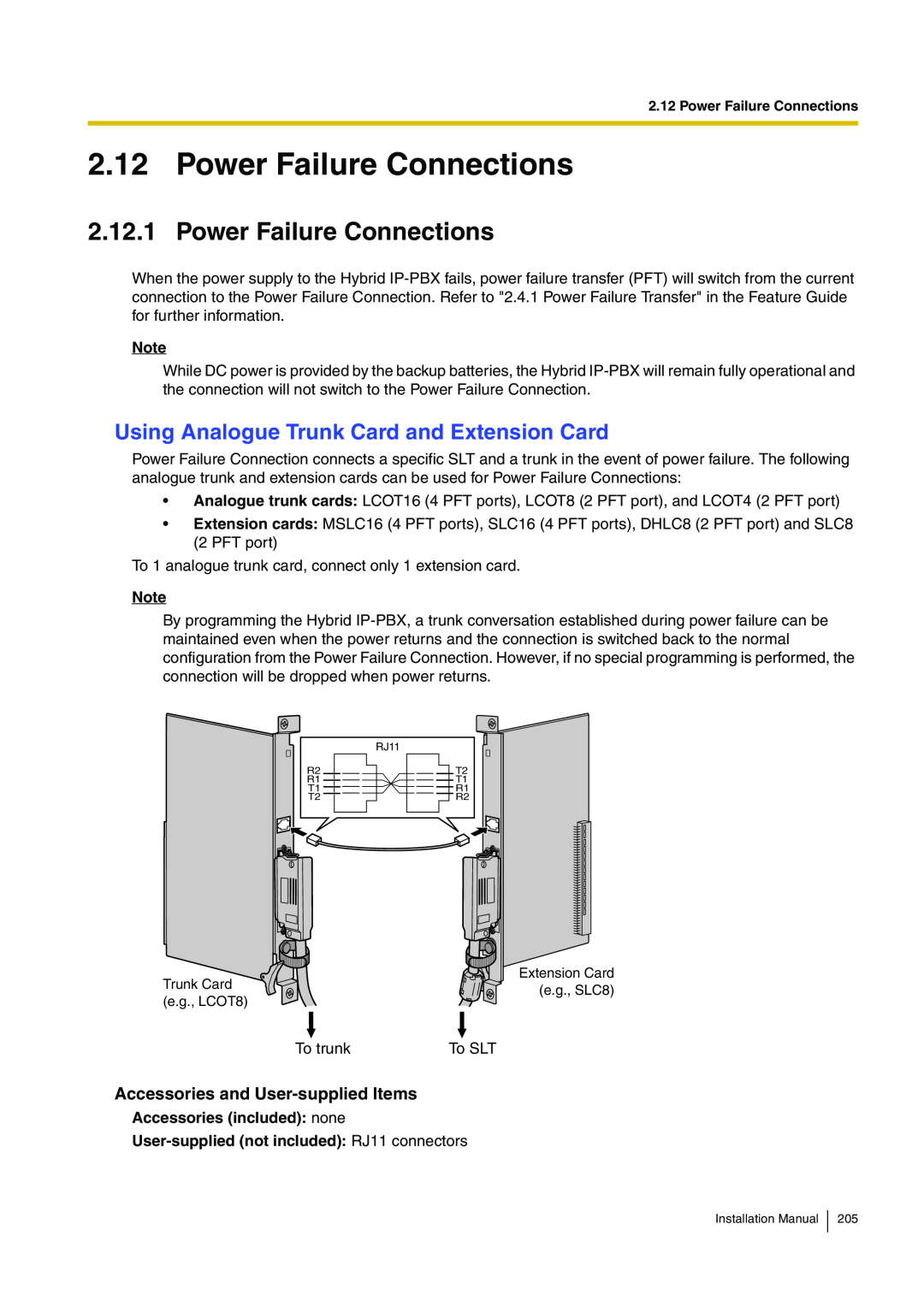 Panasonic KX-TDA100 installation manual Power Failure Connections, Using Analogue Trunk Card and Extension Card 