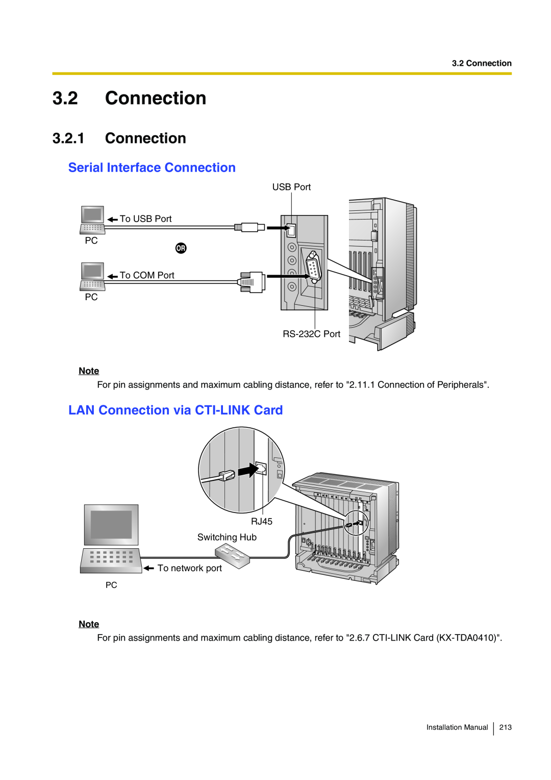 Panasonic KX-TDA100 installation manual Serial Interface Connection, LAN Connection via CTI-LINK Card 