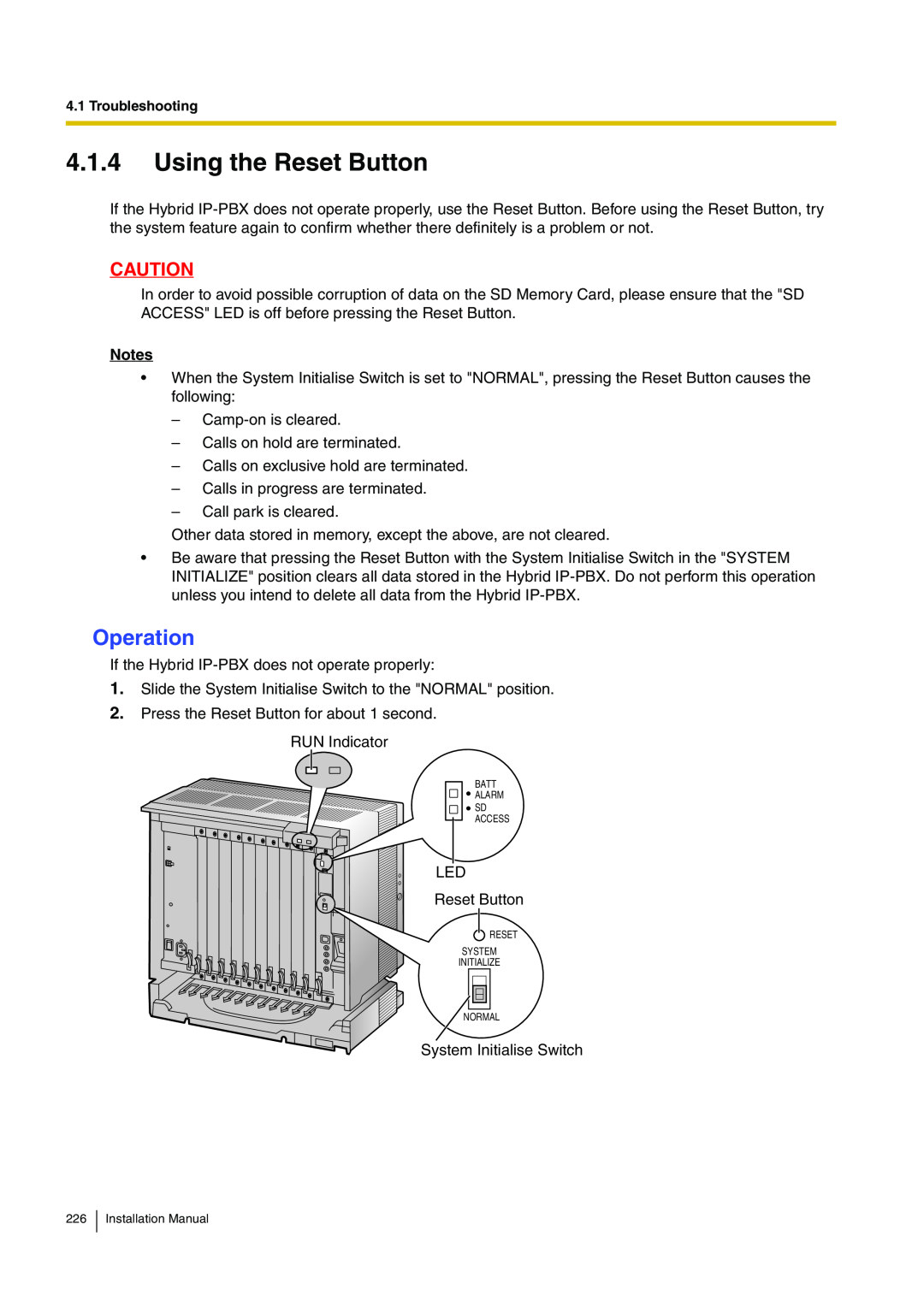 Panasonic KX-TDA100 installation manual Using the Reset Button, Operation 