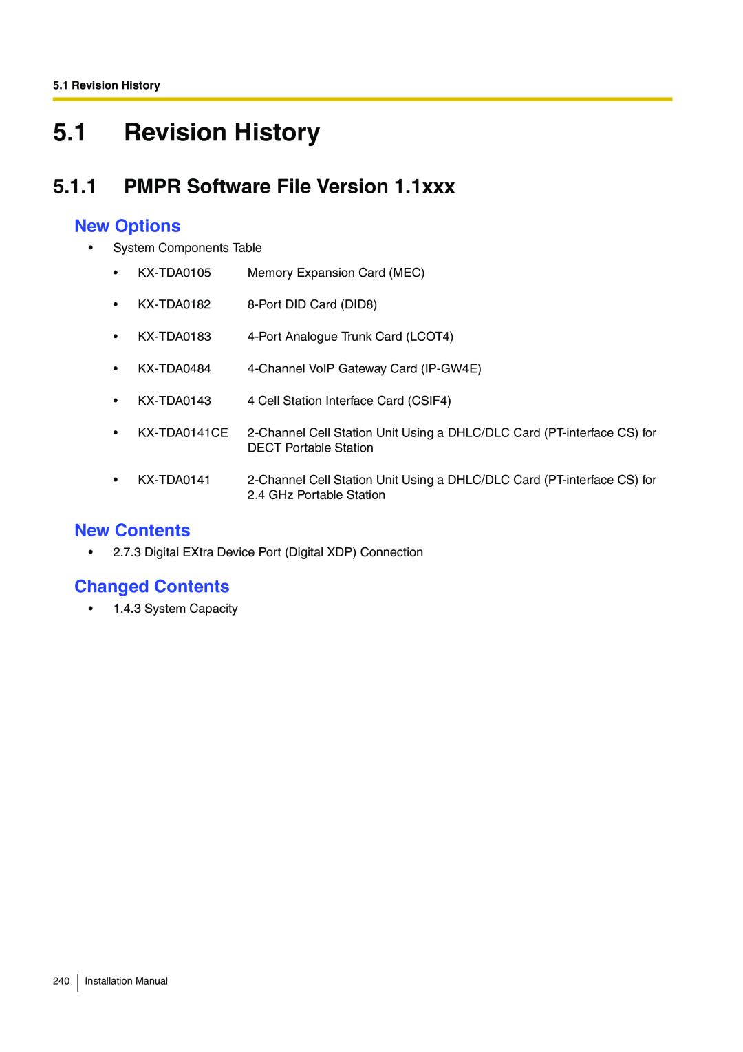 Panasonic KX-TDA100 Revision History, PMPR Software File Version, New Options, New Contents, Changed Contents 