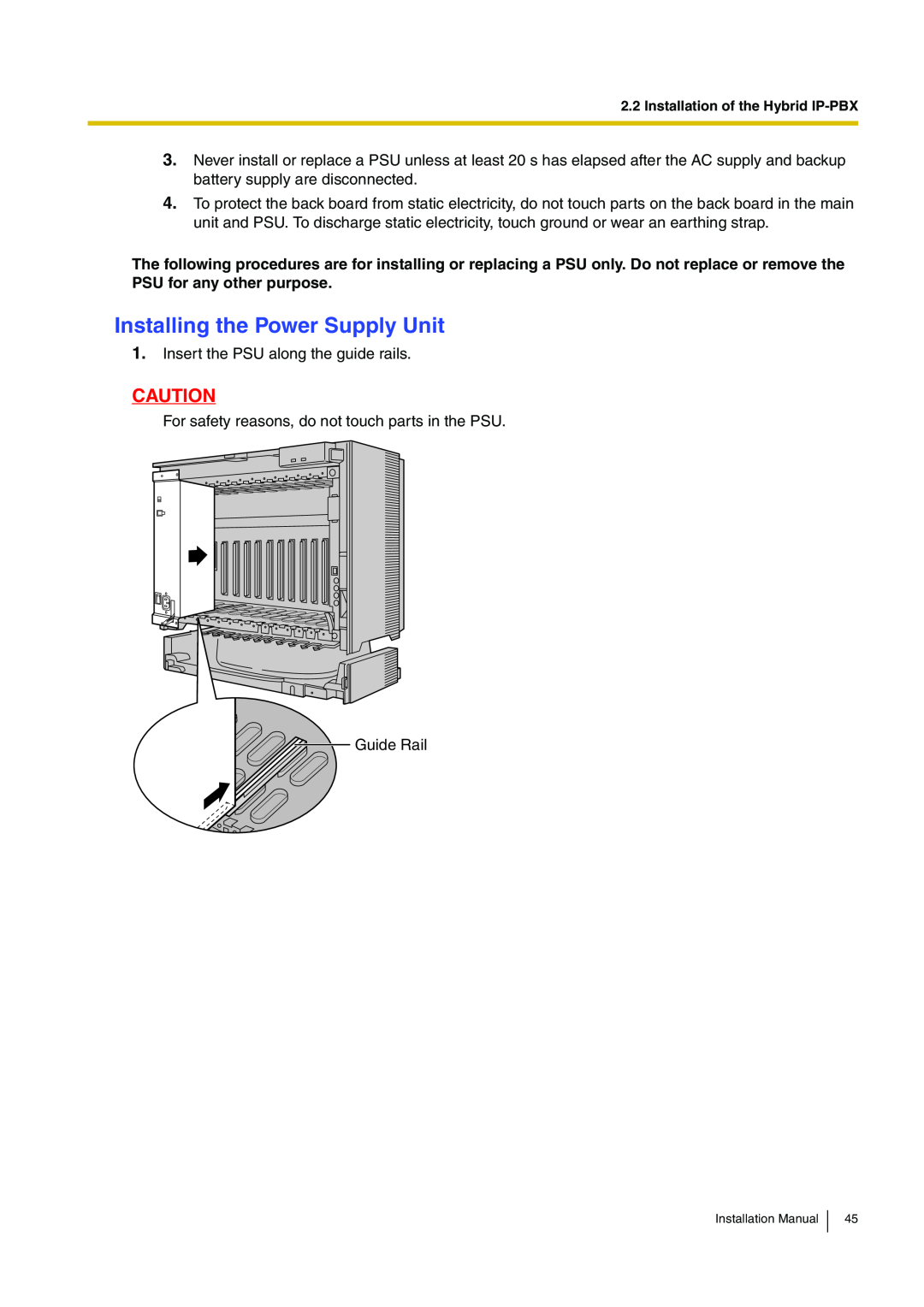 Panasonic KX-TDA100 installation manual Installing the Power Supply Unit 
