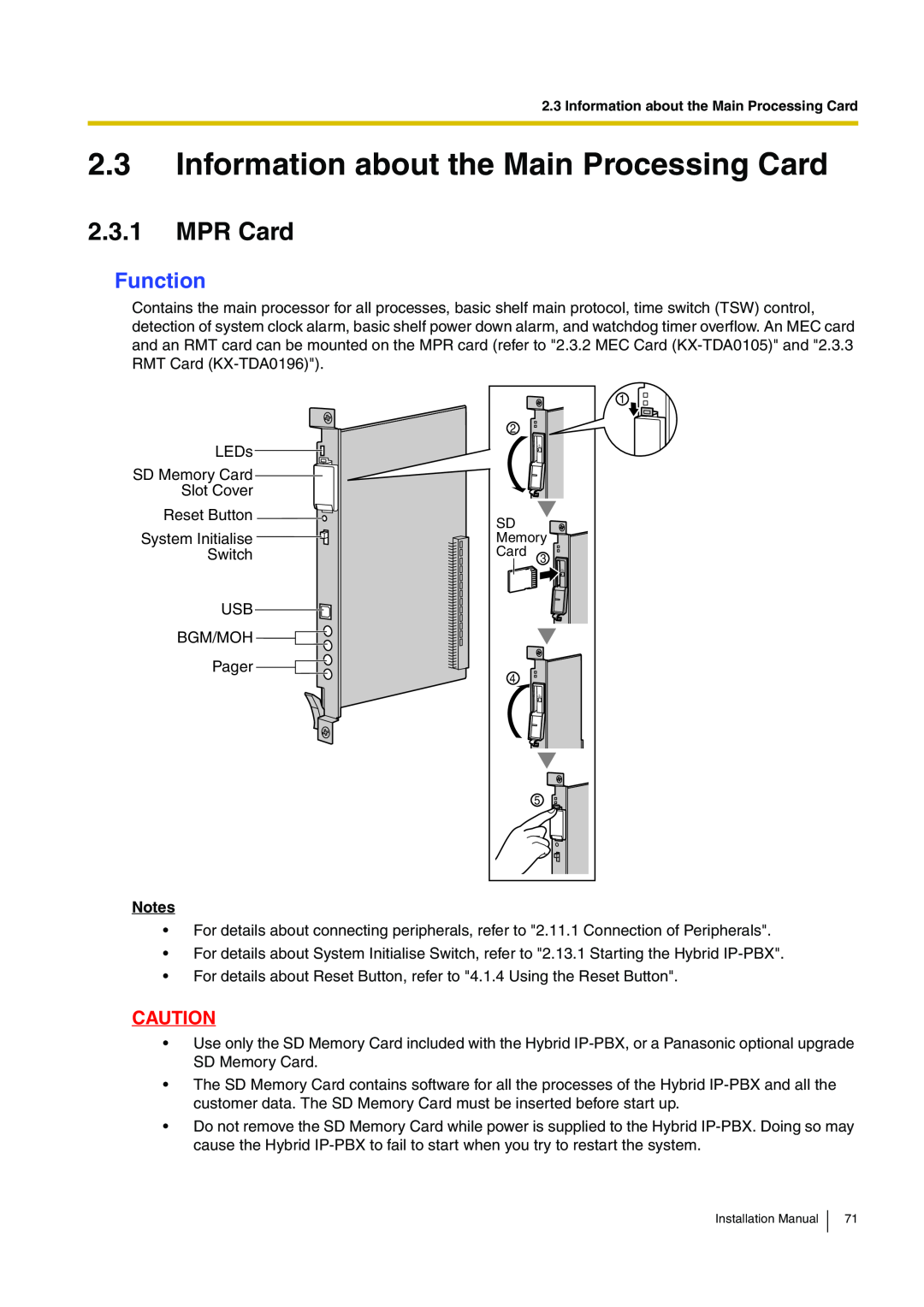 Panasonic KX-TDA100 installation manual Information about the Main Processing Card, MPR Card, Function 
