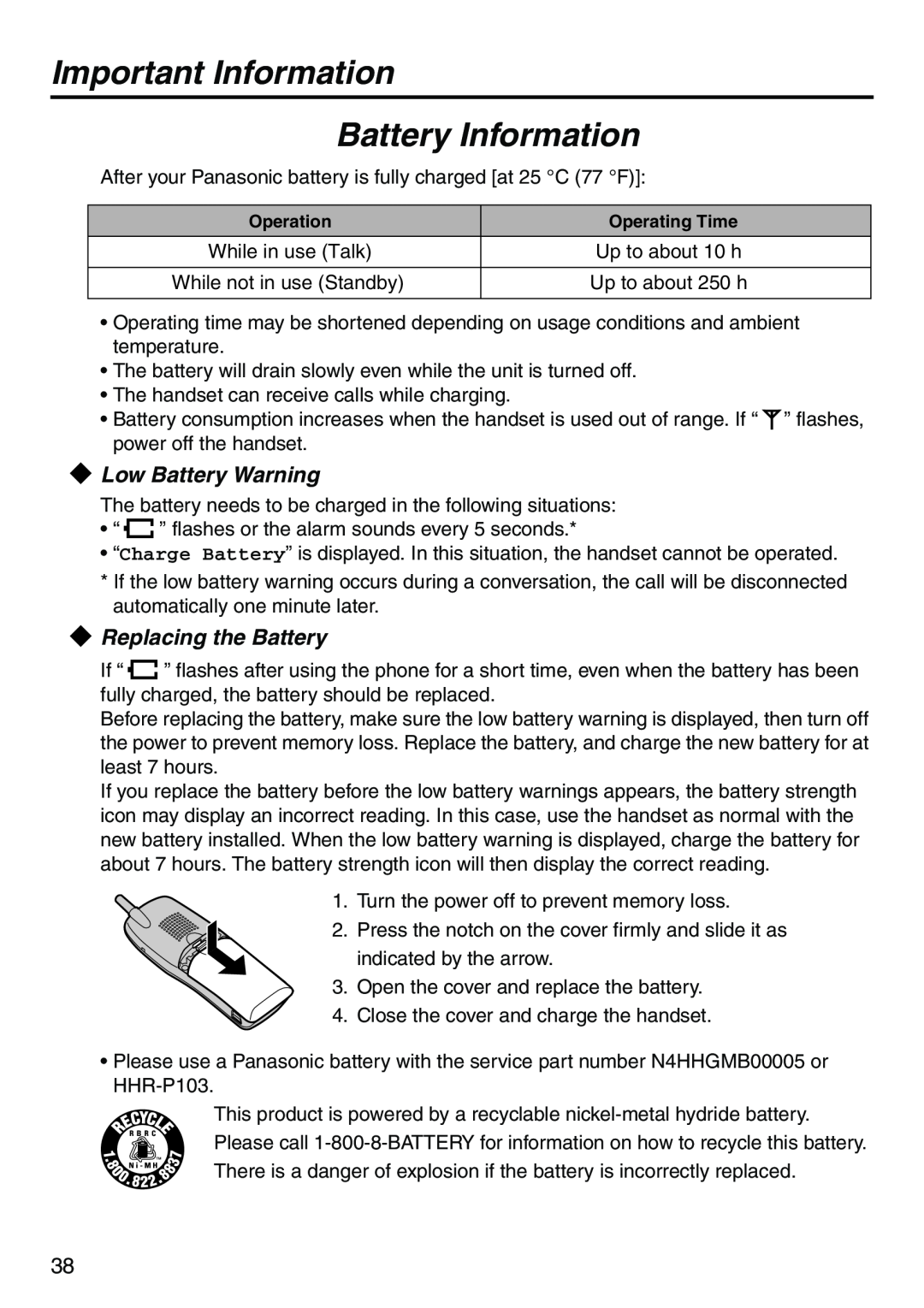 Panasonic KX-TDA100 manual Important Information, Battery Information, Low Battery Warning, Replacing the Battery 