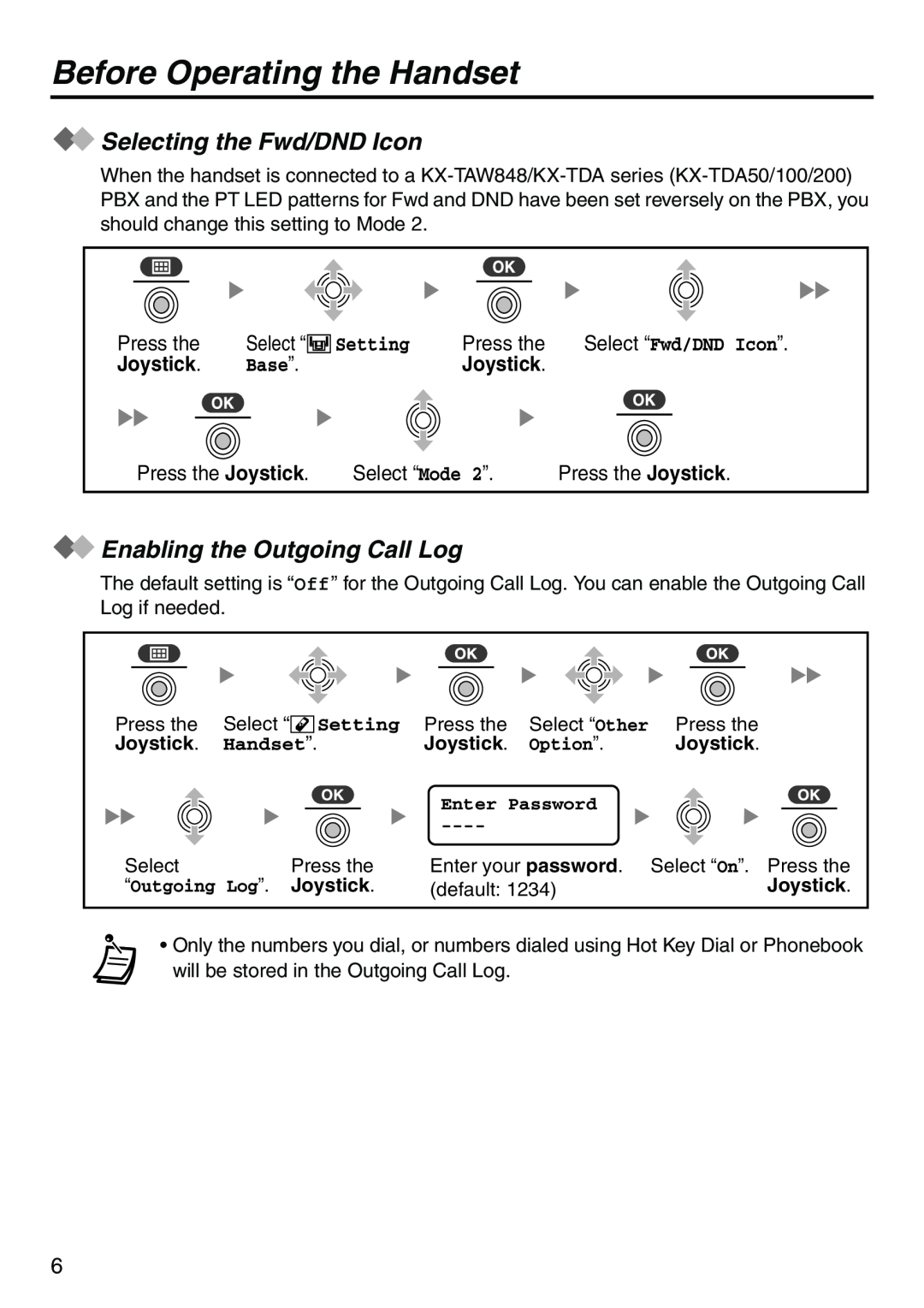 Panasonic KX-TDA100 manual Selecting the Fwd/DND Icon, Enabling the Outgoing Call Log, Joystick, Base”, Setting, Handset” 