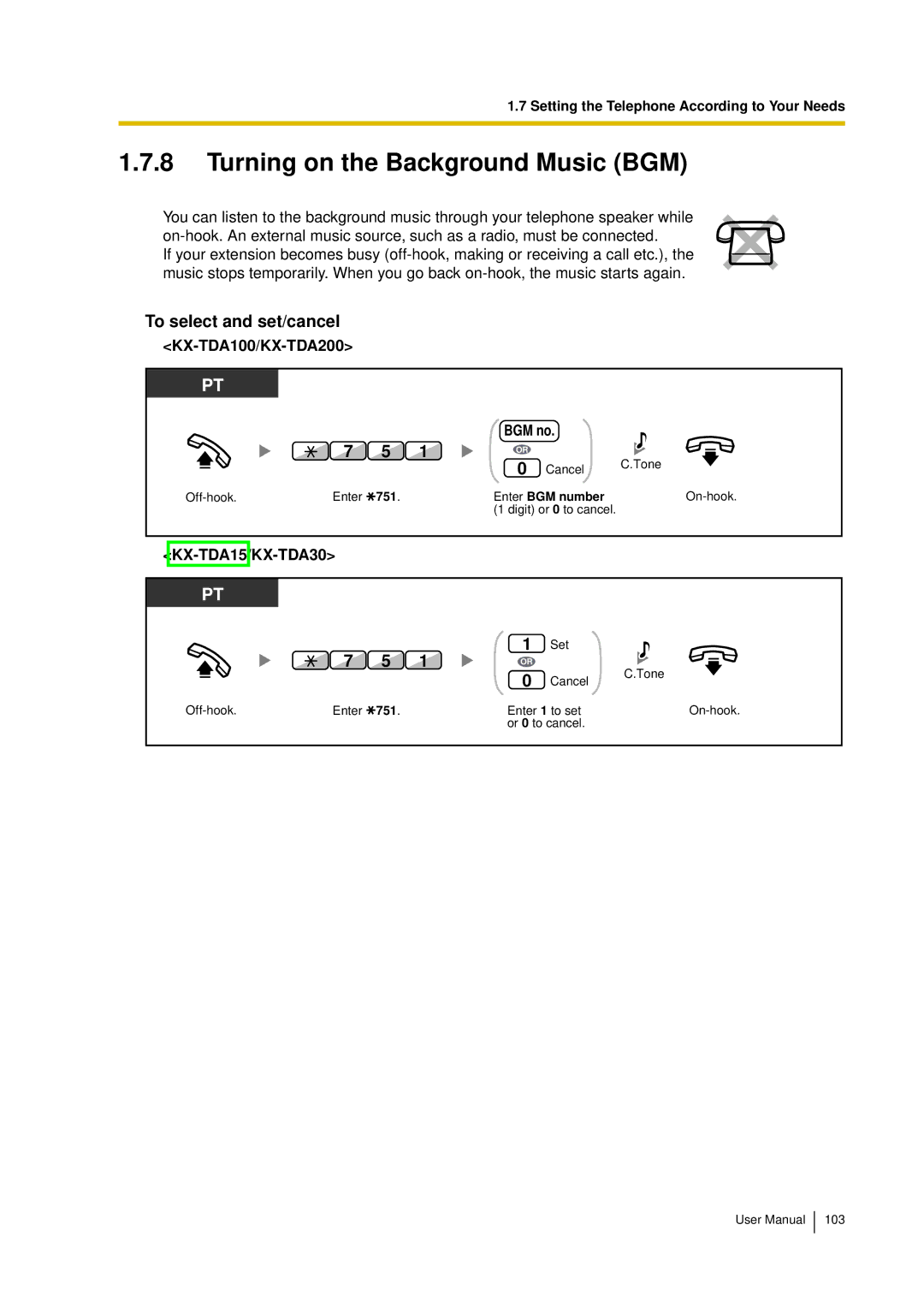 Panasonic KX-TDA15 user manual Turning on the Background Music BGM, To select and set/cancel, KX-TDA100/KX-TDA200 BGM no 