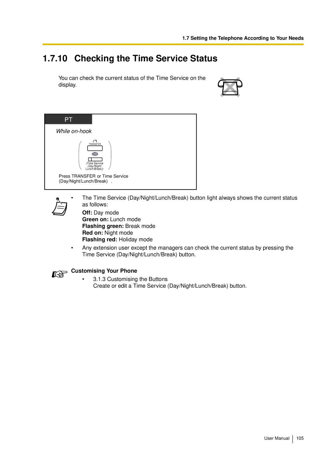 Panasonic KX-TDA15 user manual Checking the Time Service Status, Green on Lunch mode Flashing green Break mode 