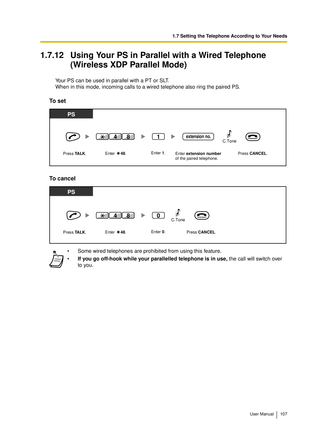 Panasonic KX-TDA15 user manual Some wired telephones are prohibited from using this feature 