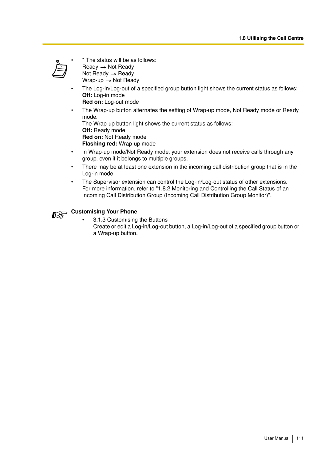 Panasonic KX-TDA15 user manual Flashing red Wrap-up mode, Customising Your Phone 