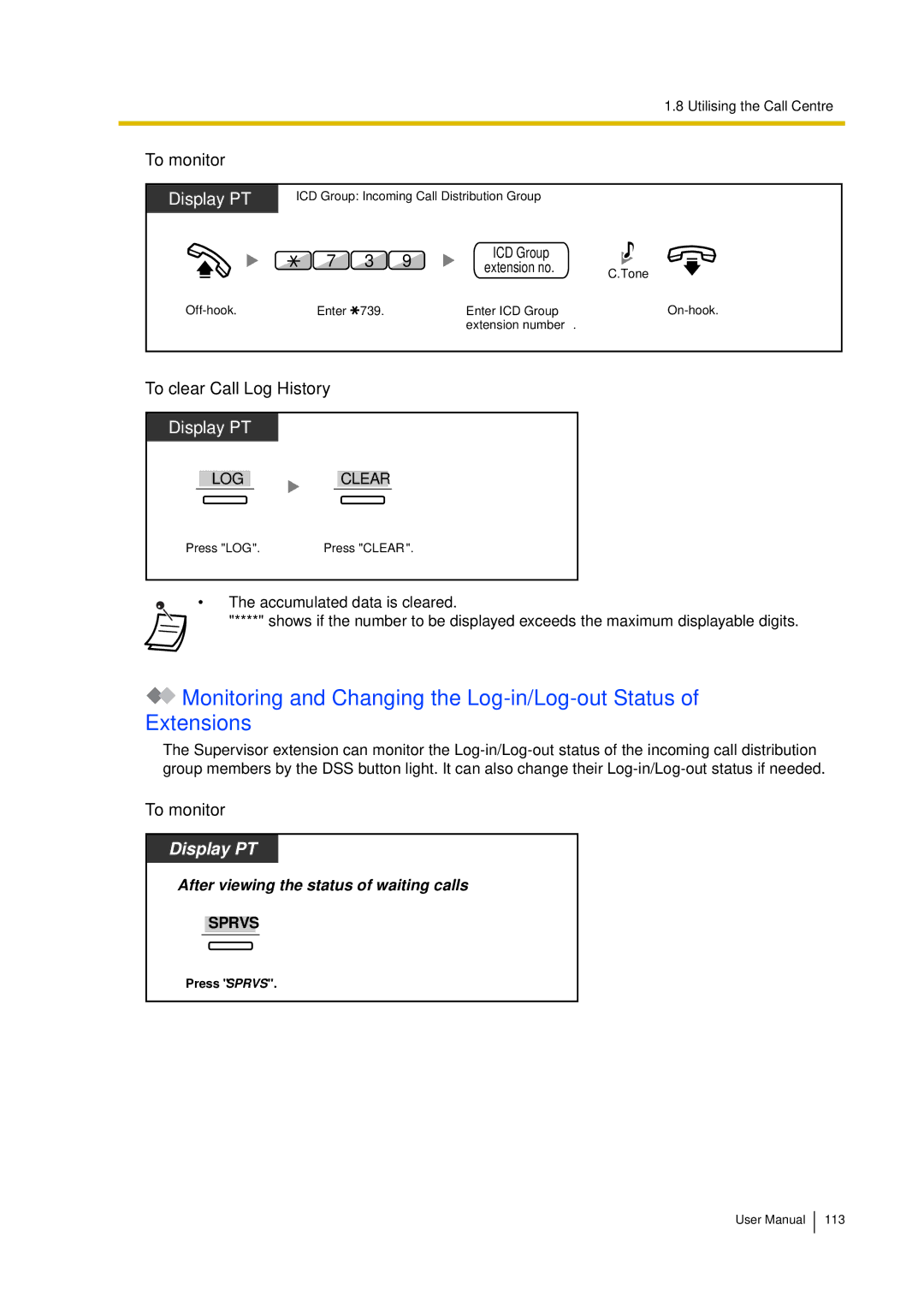 Panasonic KX-TDA15 user manual Display PT, To clear Call Log History 