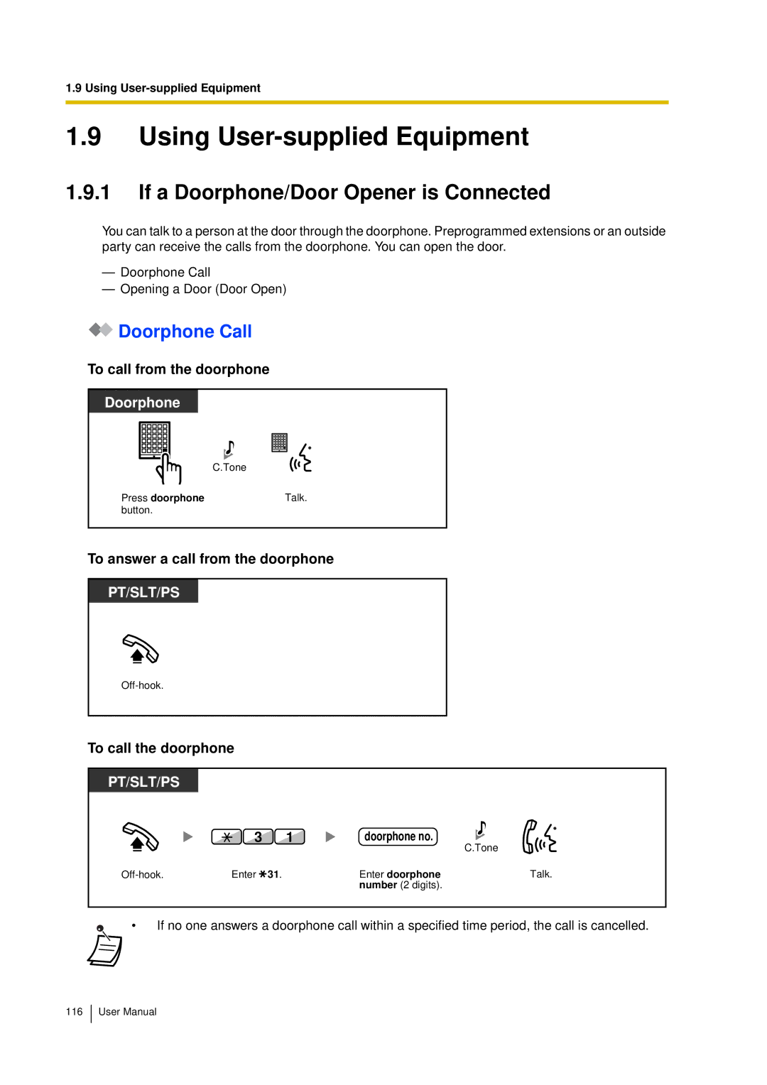 Panasonic KX-TDA15 user manual Using User-supplied Equipment, If a Doorphone/Door Opener is Connected, Doorphone Call 