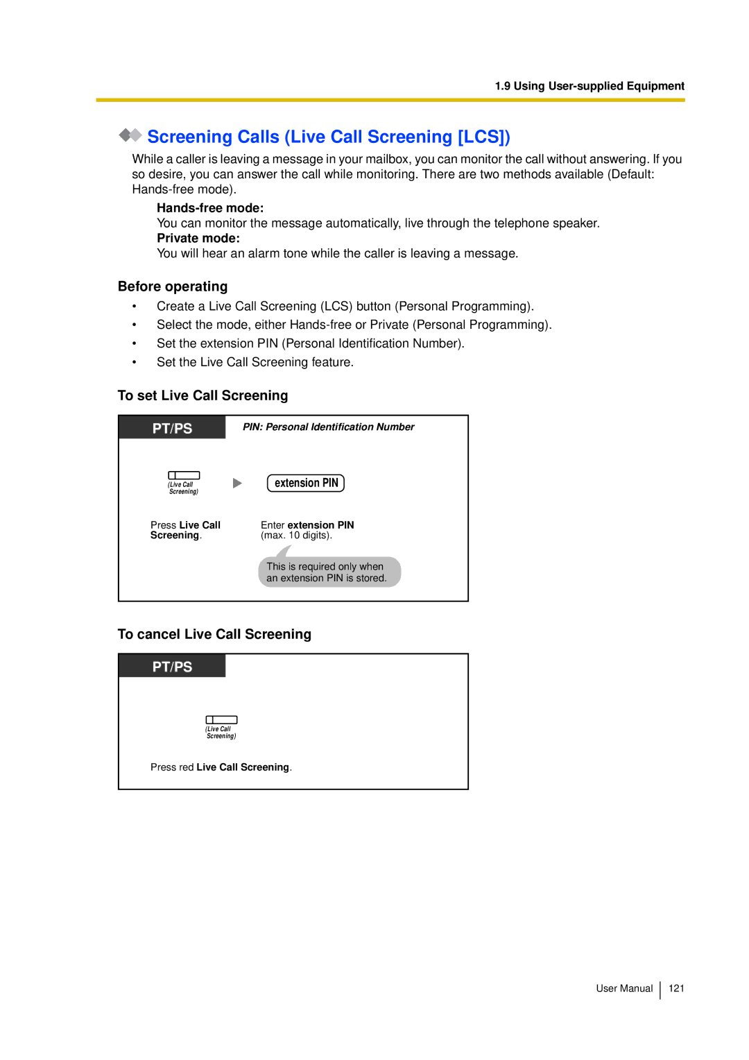 Panasonic KX-TDA15 user manual Screening Calls Live Call Screening LCS, Before operating, To set Live Call Screening 