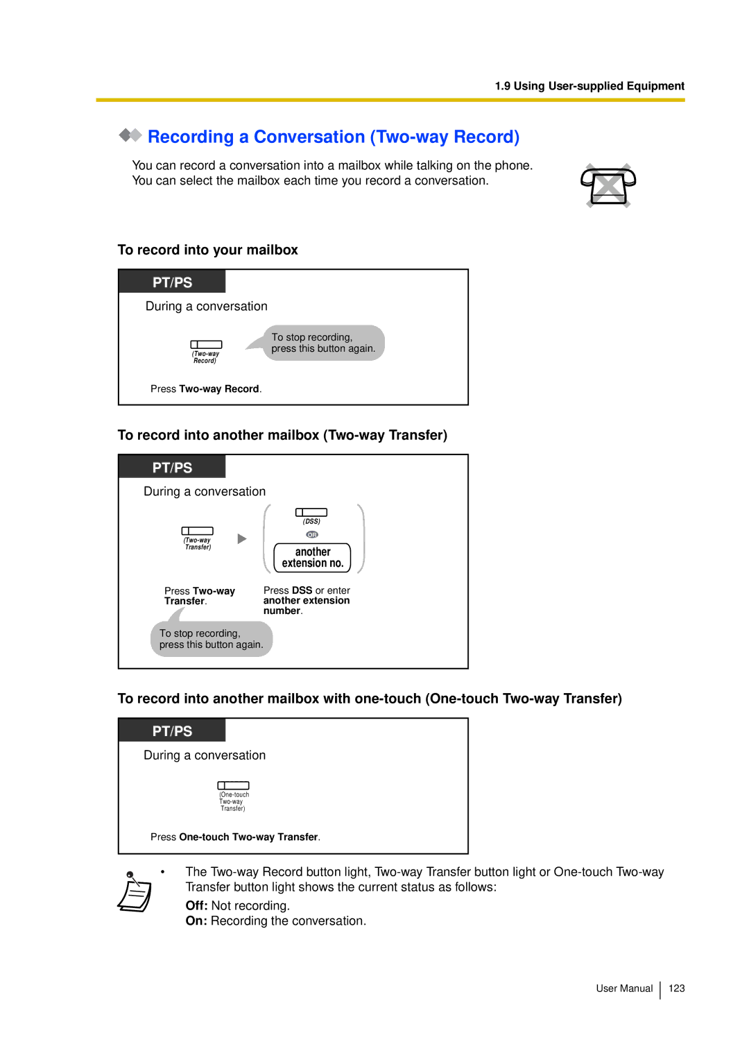 Panasonic KX-TDA15 user manual Recording a Conversation Two-way Record, To record into your mailbox 