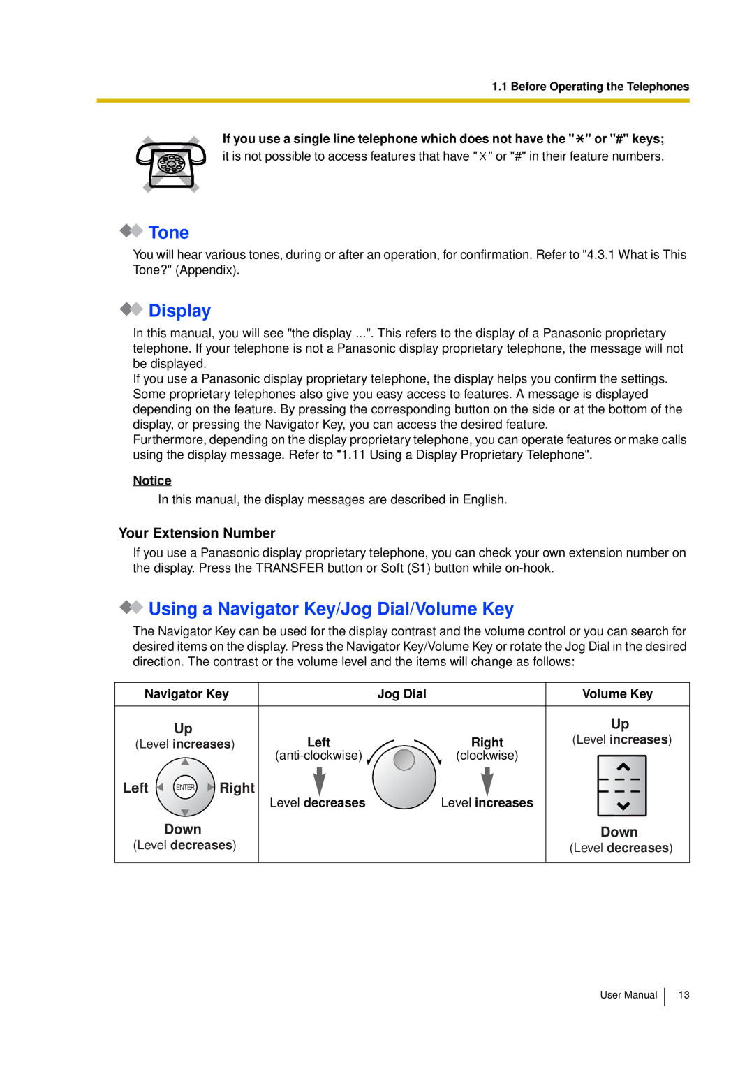 Panasonic KX-TDA15 Tone, Display, Using a Navigator Key/Jog Dial/Volume Key, Your Extension Number, Navigator Key Jog Dial 
