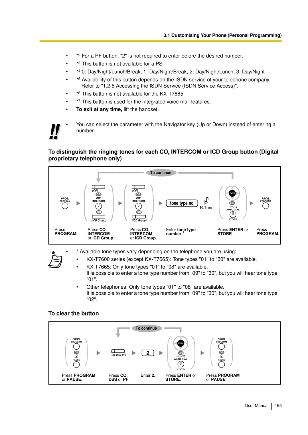 Panasonic KX-TDA15 user manual To clear the button, To exit at any time, lift the handset, Tone type no 