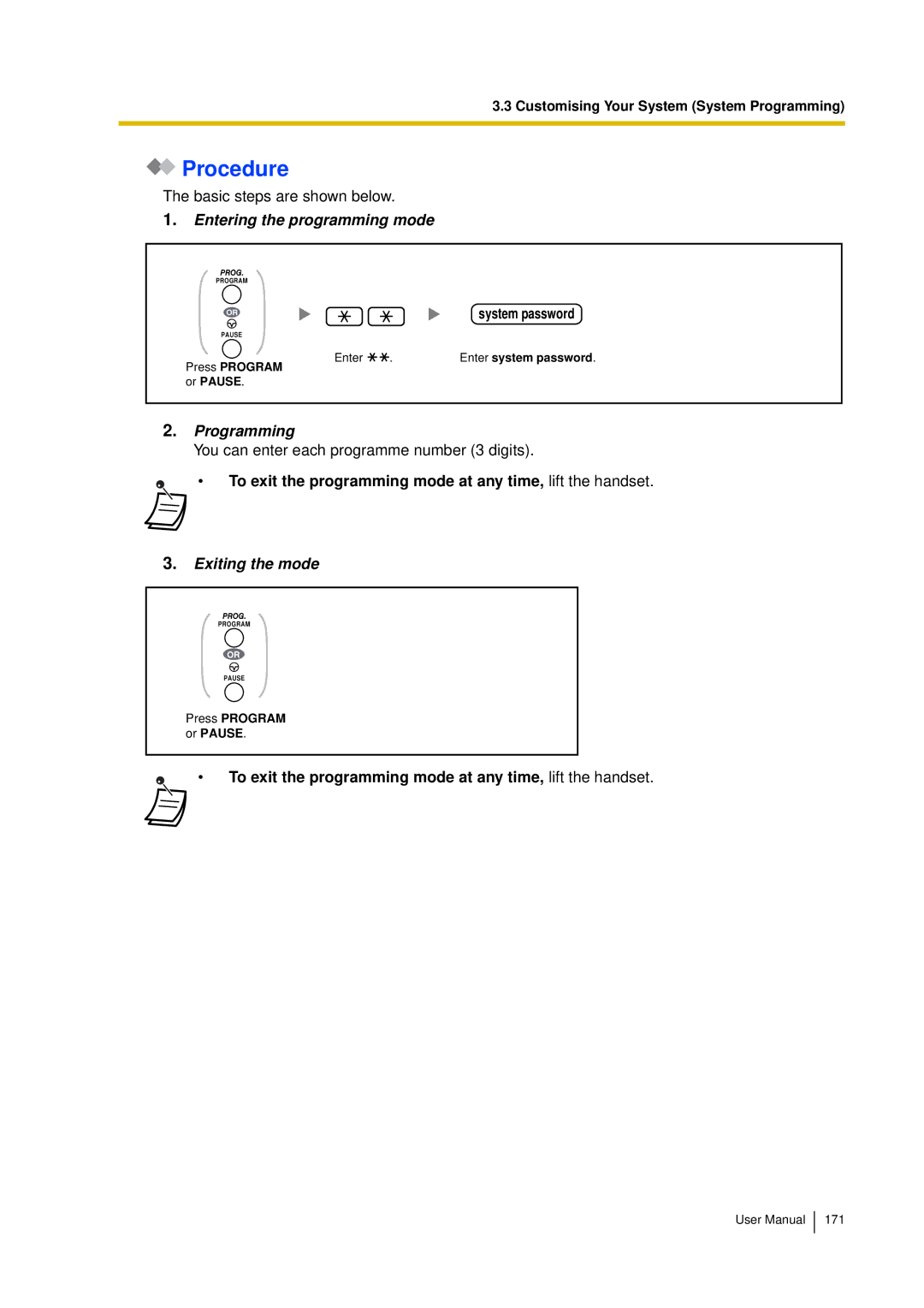 Panasonic KX-TDA15 user manual Procedure, To exit the programming mode at any time, lift the handset 