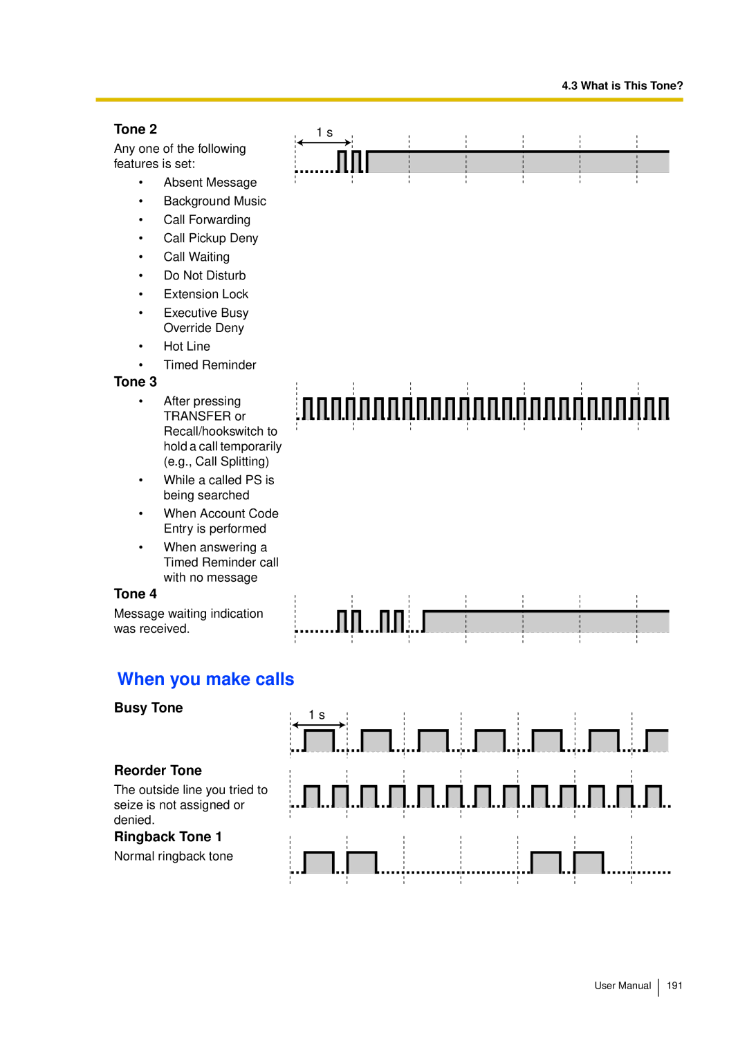 Panasonic KX-TDA15 user manual When you make calls, Busy Tone Reorder Tone, Ringback Tone 