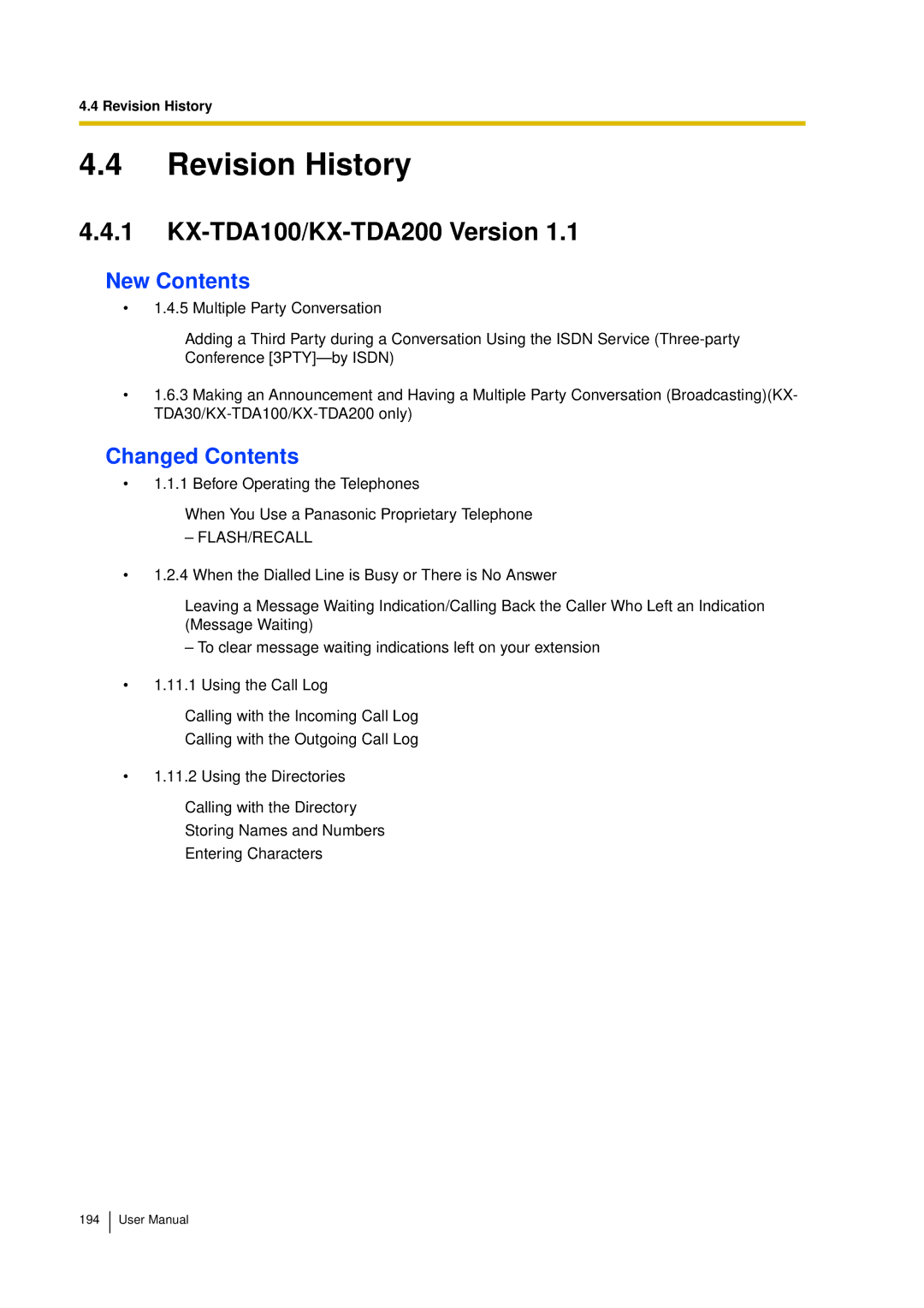 Panasonic KX-TDA15 user manual Revision History, KX-TDA100/KX-TDA200 Version, New Contents, Changed Contents 