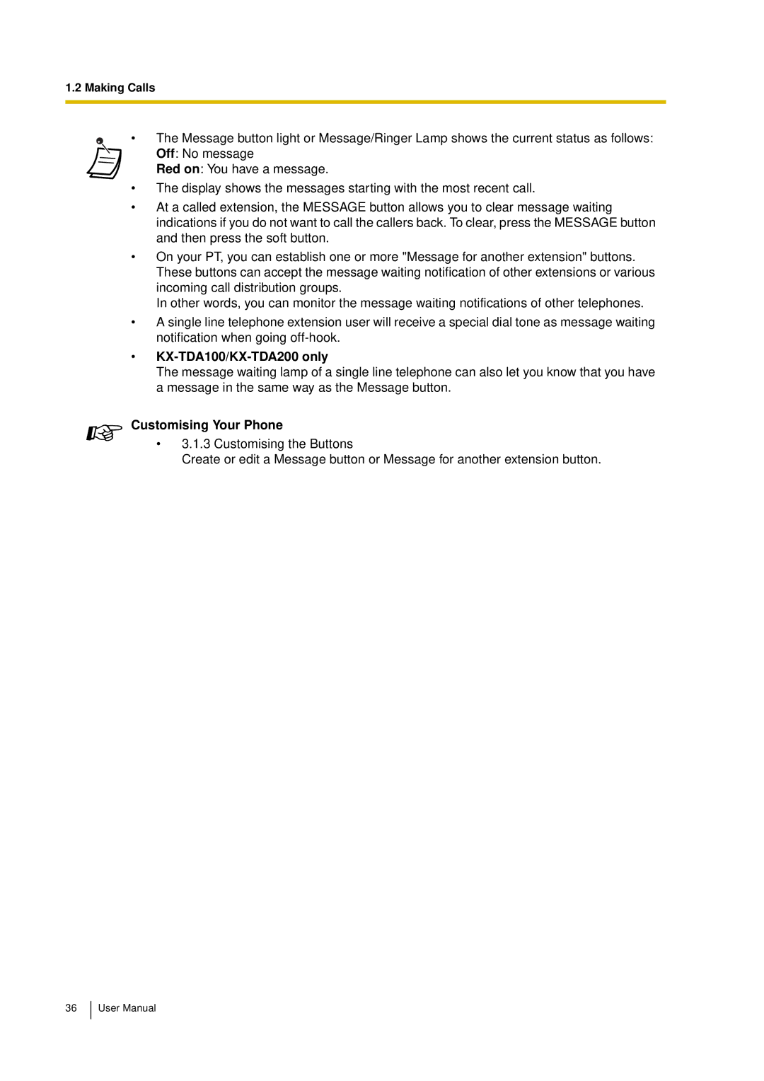 Panasonic KX-TDA15 user manual KX-TDA100/KX-TDA200 only, Customising Your Phone 