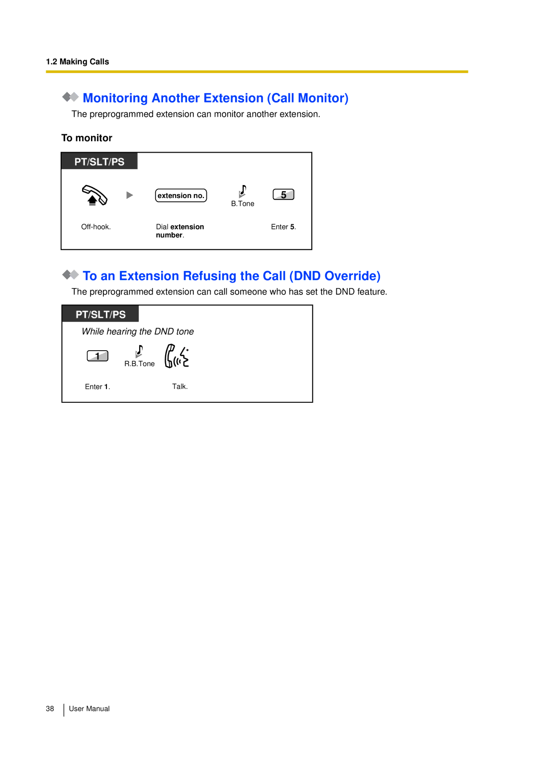 Panasonic KX-TDA15 Monitoring Another Extension Call Monitor, To an Extension Refusing the Call DND Override, To monitor 