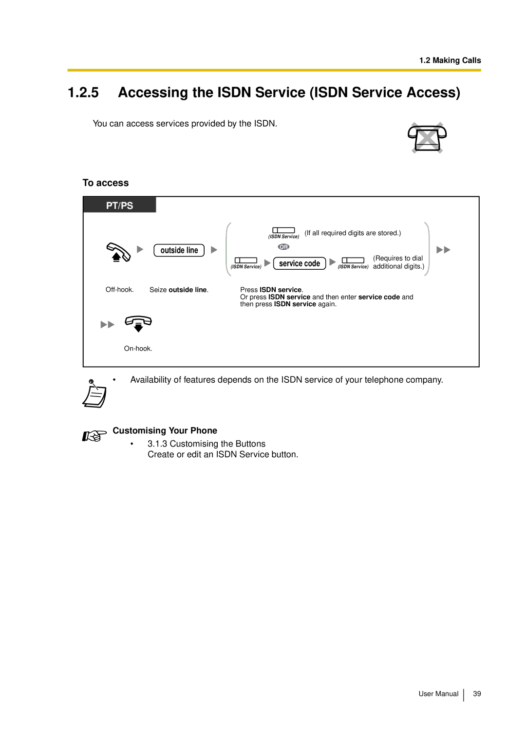 Panasonic KX-TDA15 user manual Accessing the Isdn Service Isdn Service Access, To access, Outside line 