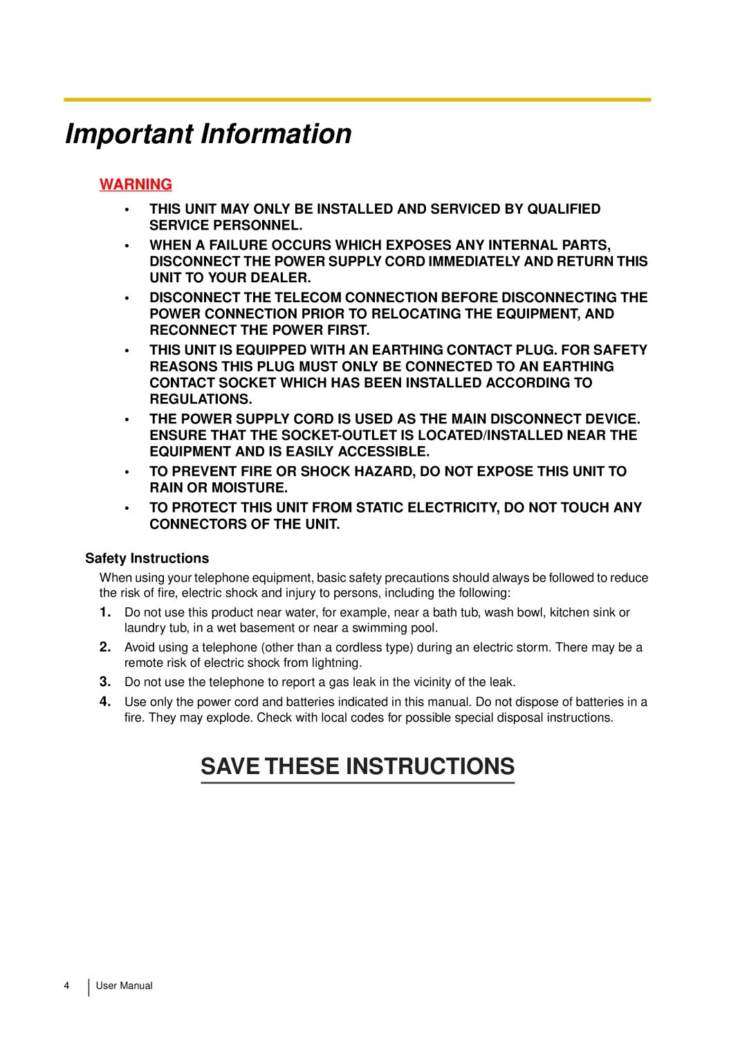 Panasonic KX-TDA15 user manual Important Information, Safety Instructions 