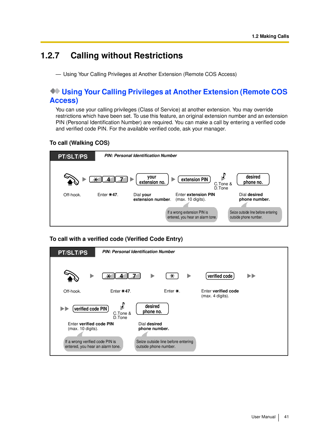 Panasonic KX-TDA15 Calling without Restrictions, To call Walking COS, To call with a verified code Verified Code Entry 