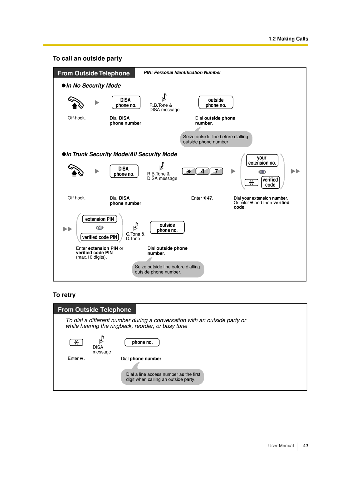 Panasonic KX-TDA15 user manual To call an outside party, To retry 