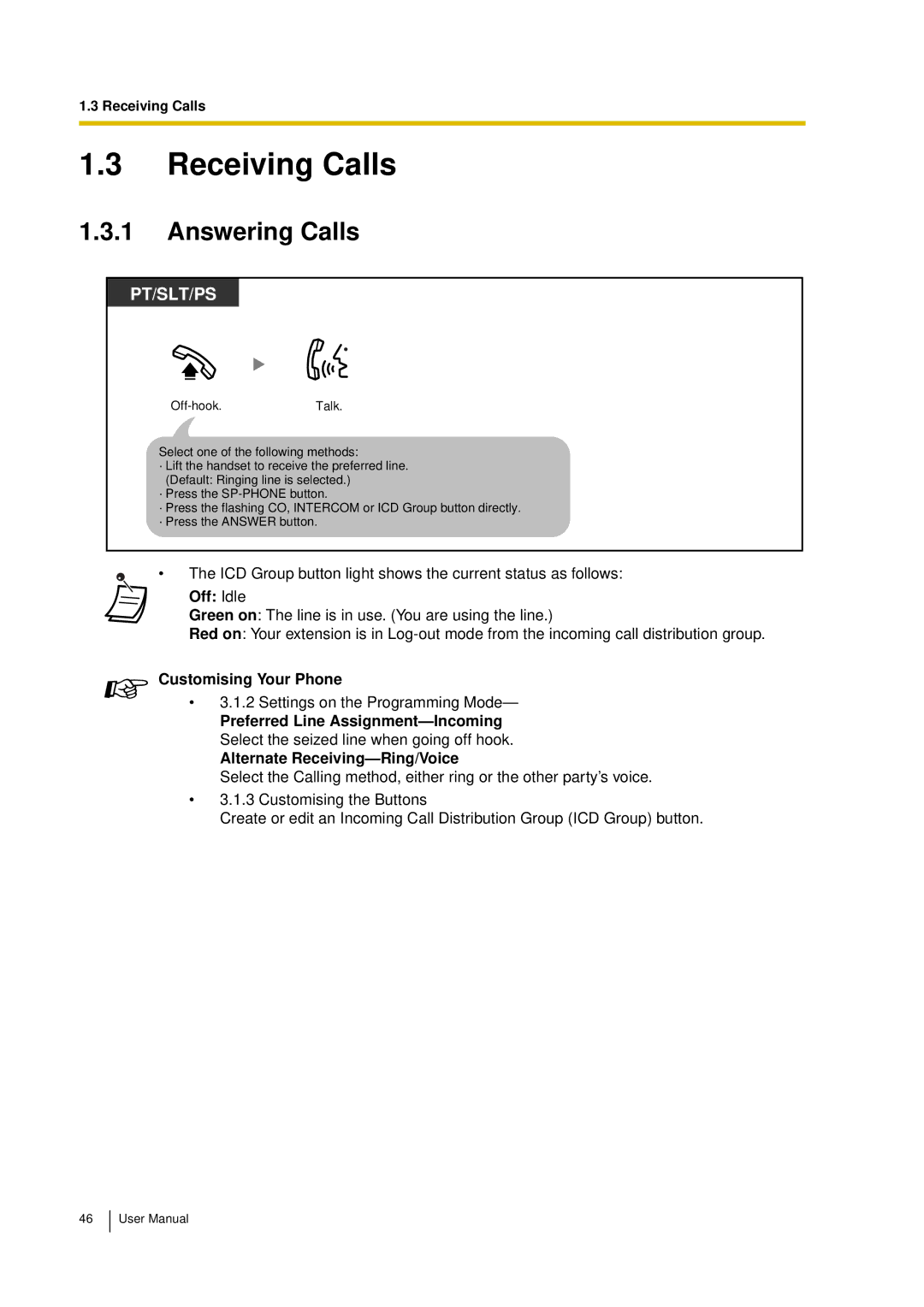 Panasonic KX-TDA15 user manual Receiving Calls, Answering Calls, Off Idle 