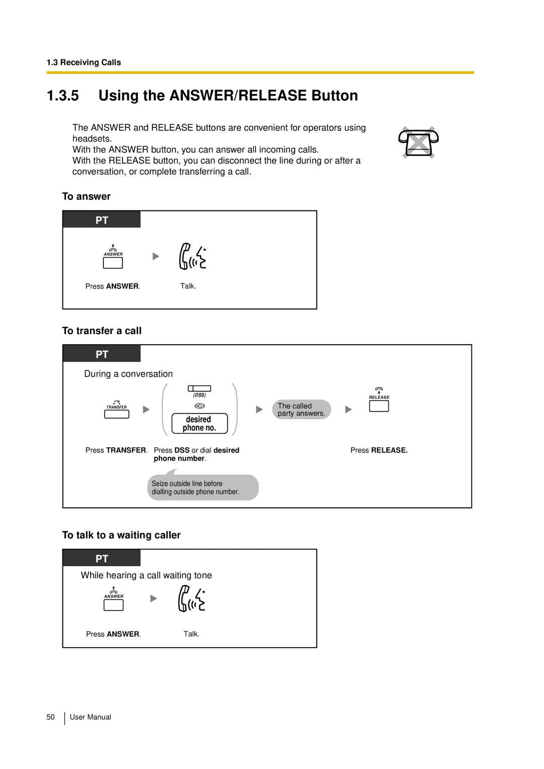 Panasonic KX-TDA15 user manual Using the ANSWER/RELEASE Button, To answer, To transfer a call, To talk to a waiting caller 