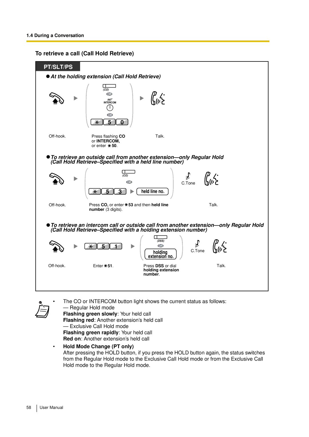 Panasonic KX-TDA15 user manual To retrieve a call Call Hold Retrieve, Held line no, Flashing green slowly Your held call 