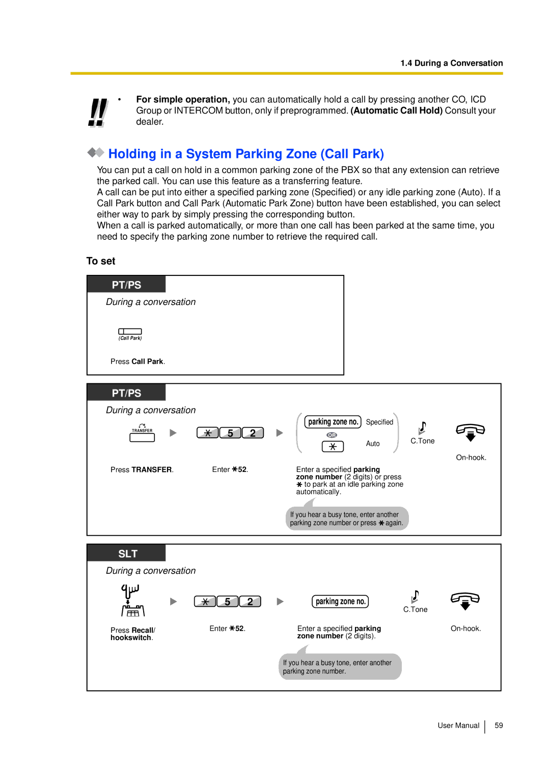 Panasonic KX-TDA15 user manual Holding in a System Parking Zone Call Park, To set, Parking zone no. Specified 