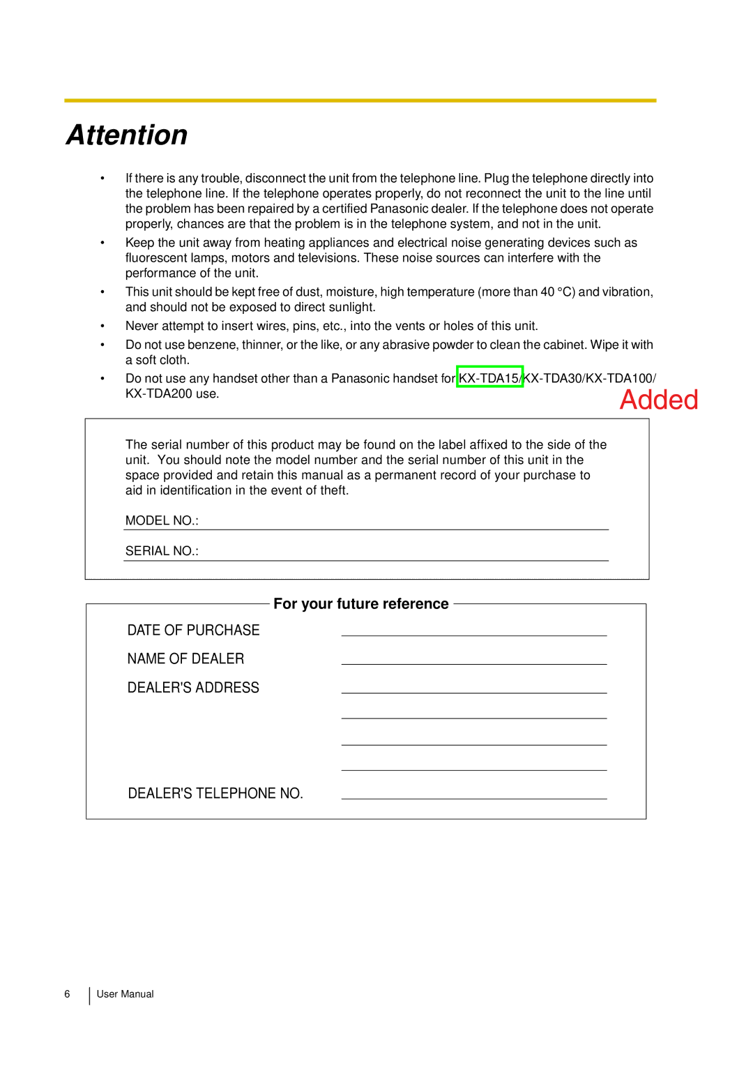 Panasonic KX-TDA15 user manual For your future reference 