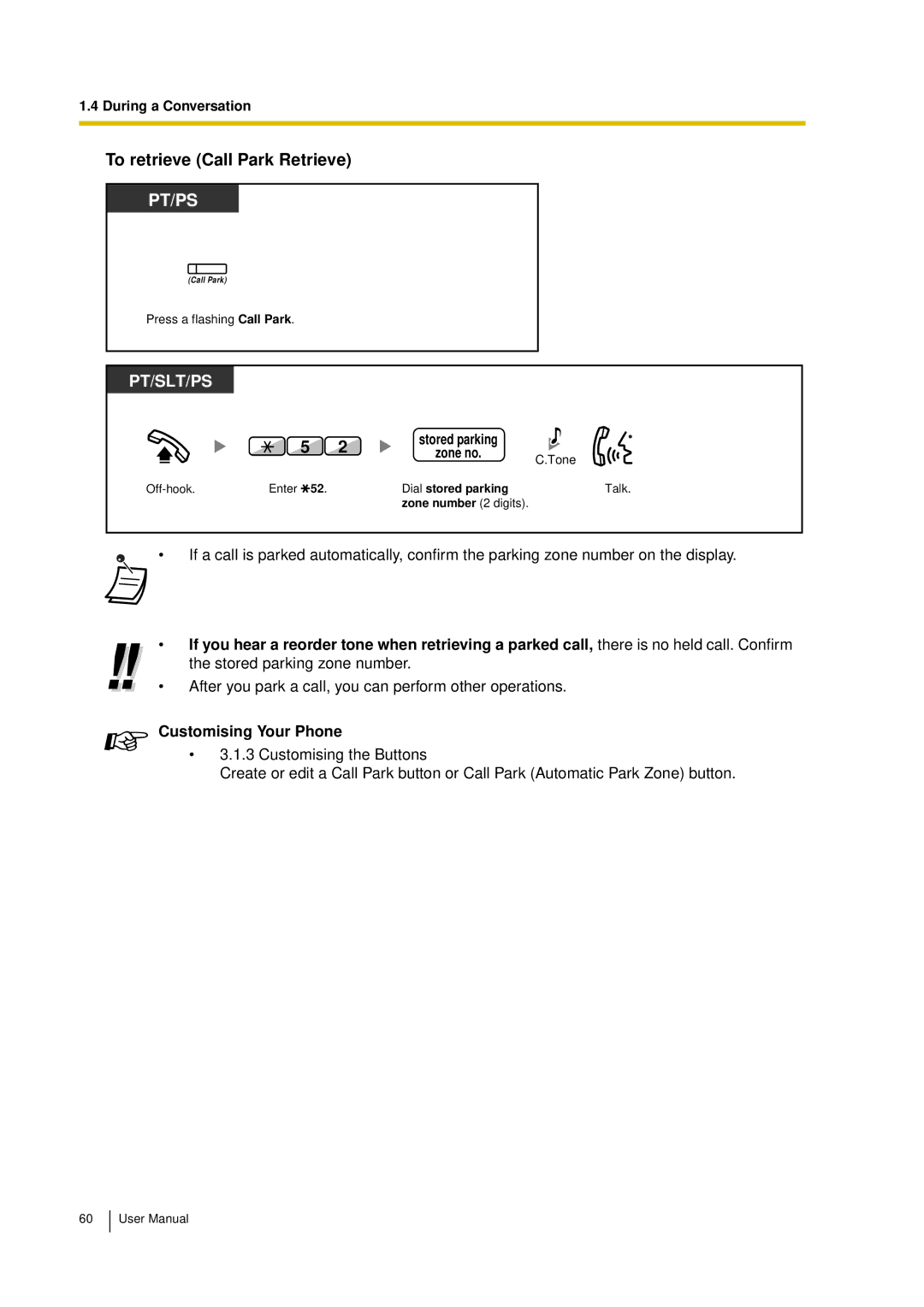 Panasonic KX-TDA15 user manual To retrieve Call Park Retrieve, Customising Your Phone 