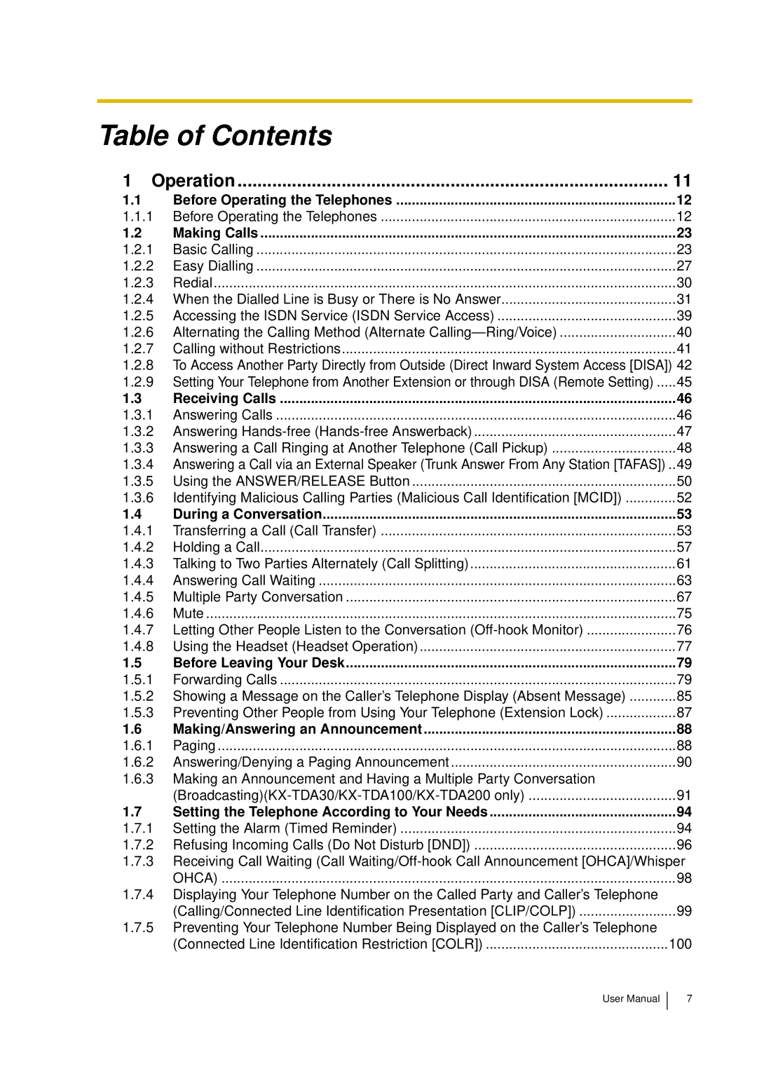 Panasonic KX-TDA15 user manual Table of Contents 