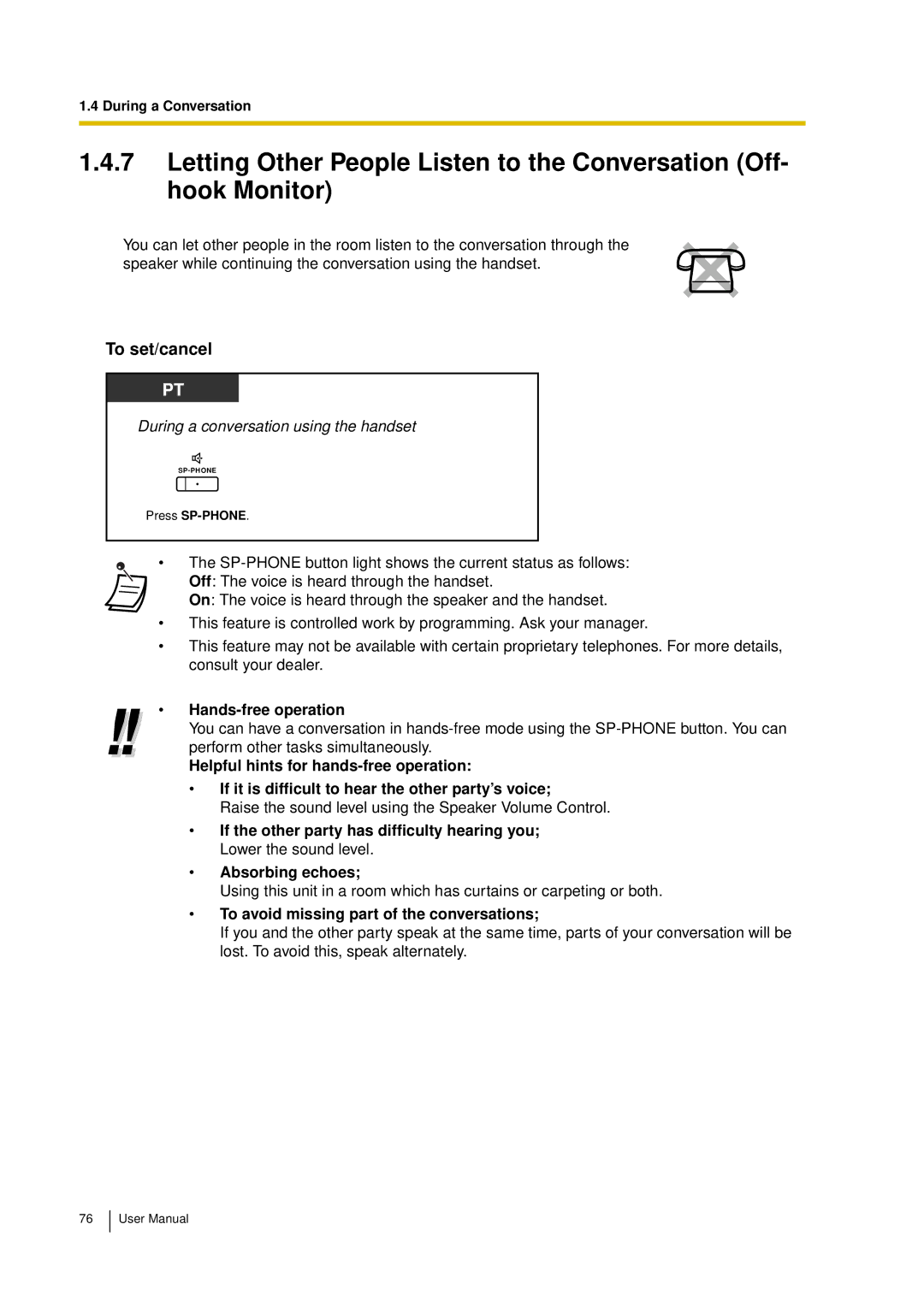 Panasonic KX-TDA15 user manual Hands-free operation, To avoid missing part of the conversations 