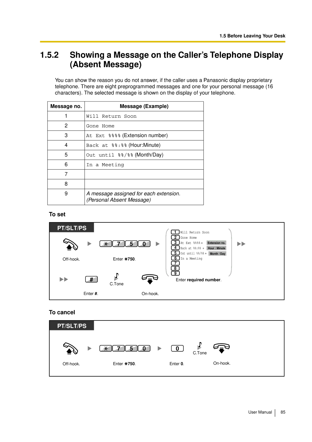 Panasonic KX-TDA15 user manual Message no Message Example, Off-hook Enter Tone 