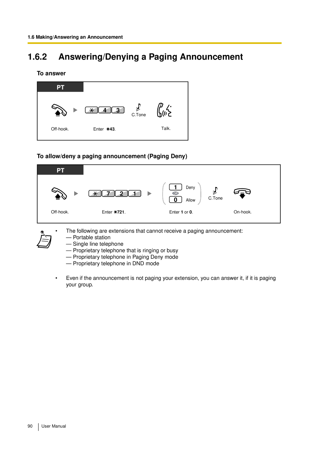 Panasonic KX-TDA15 user manual Answering/Denying a Paging Announcement, To allow/deny a paging announcement Paging Deny 